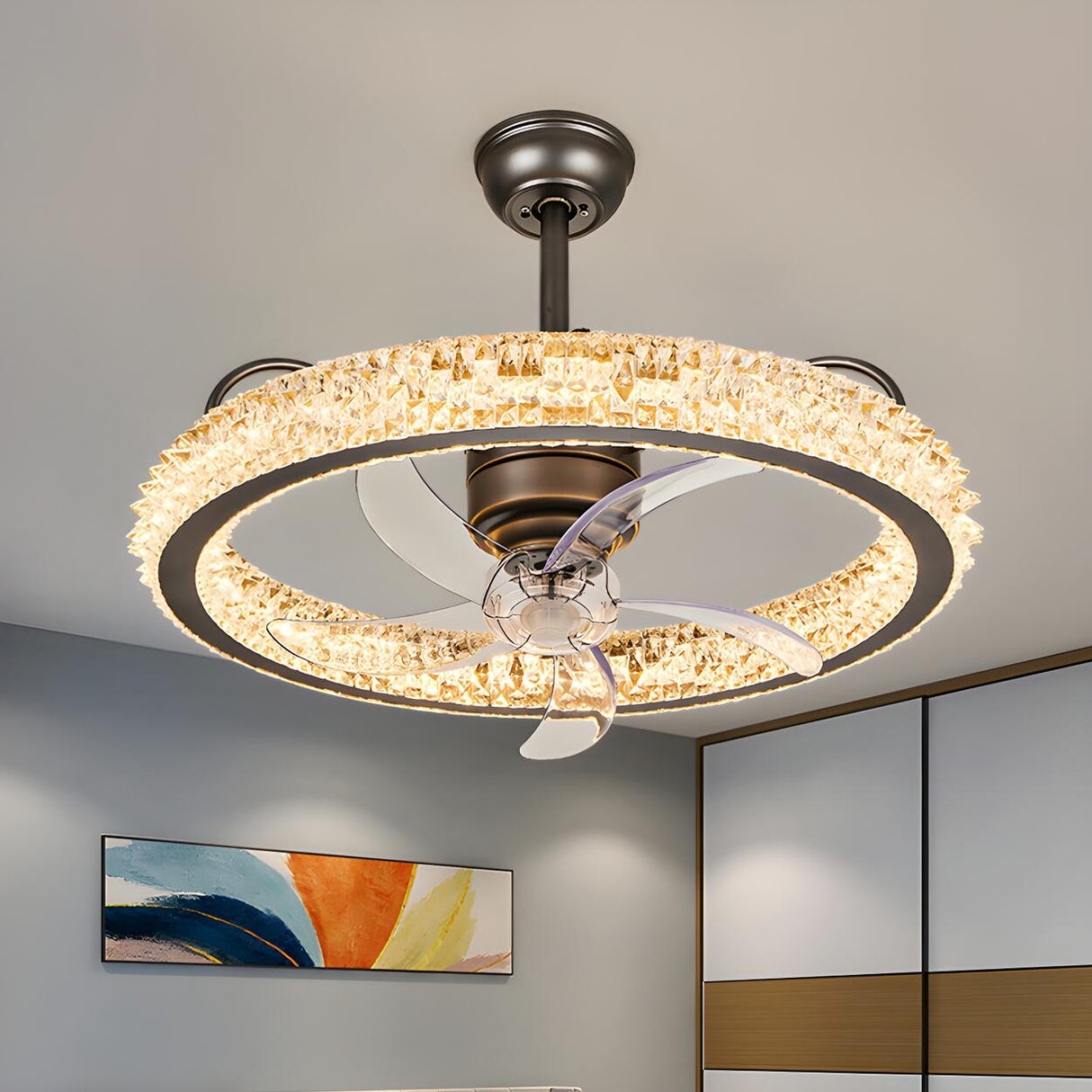 Gold Luxury Crystal Round Remote Ceiling Fan with Light Image - 15