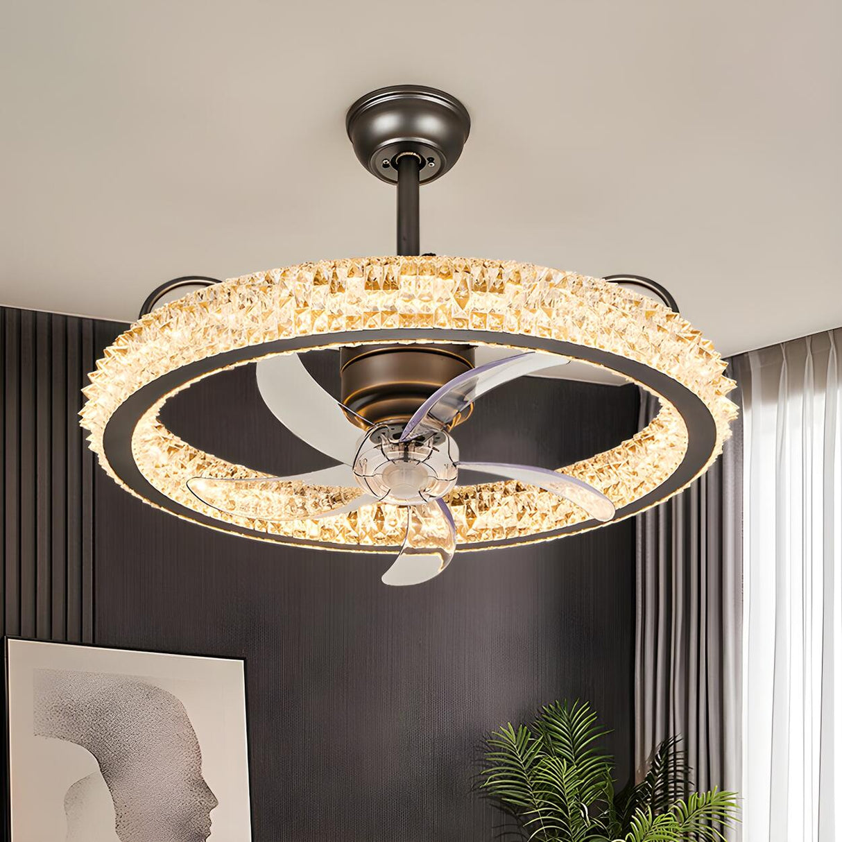 Gold Luxury Crystal Round Remote Ceiling Fan with Light Image - 16