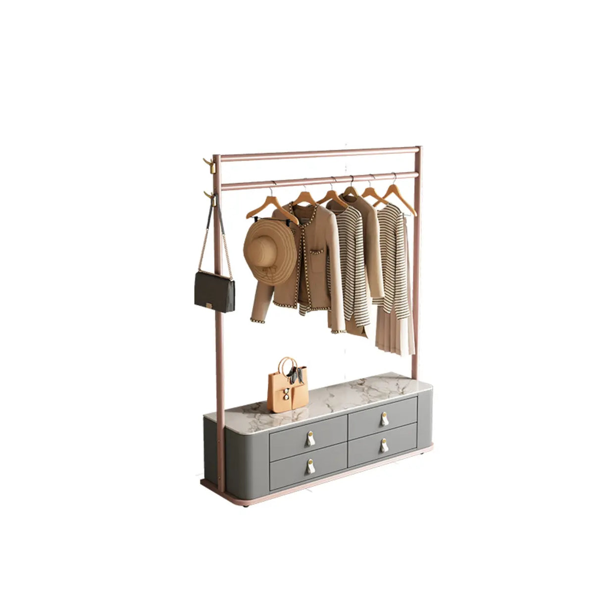 Gold Metal Frame Hooks Hall Stand with Grey Drawers Image - 10
