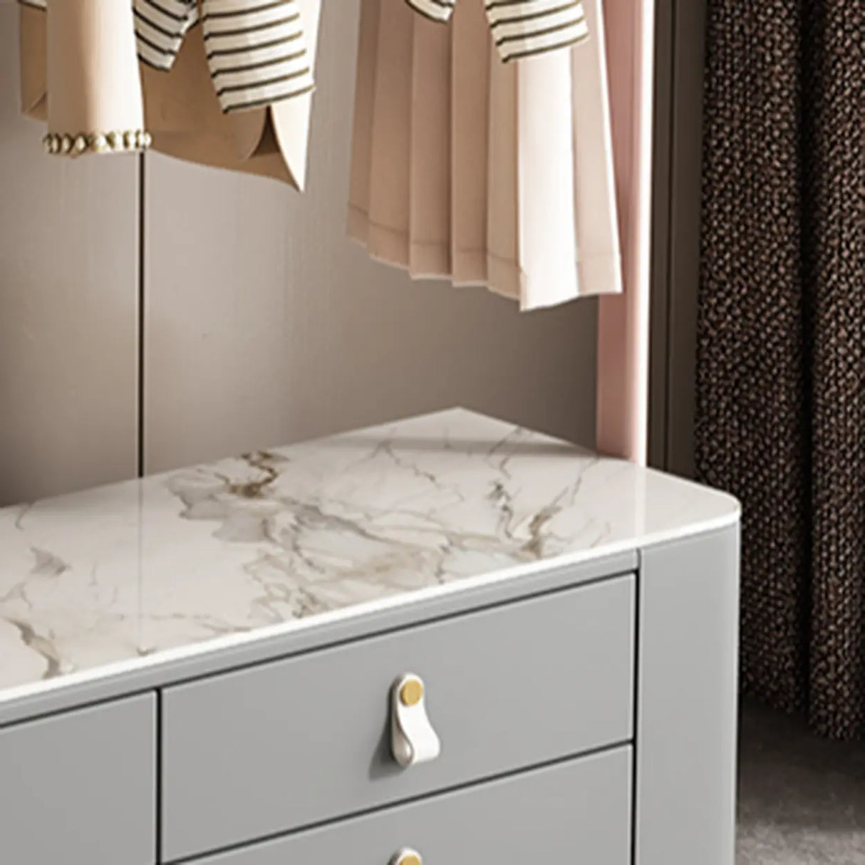 Gold Metal Frame Hooks Hall Stand with Grey Drawers Image - 14