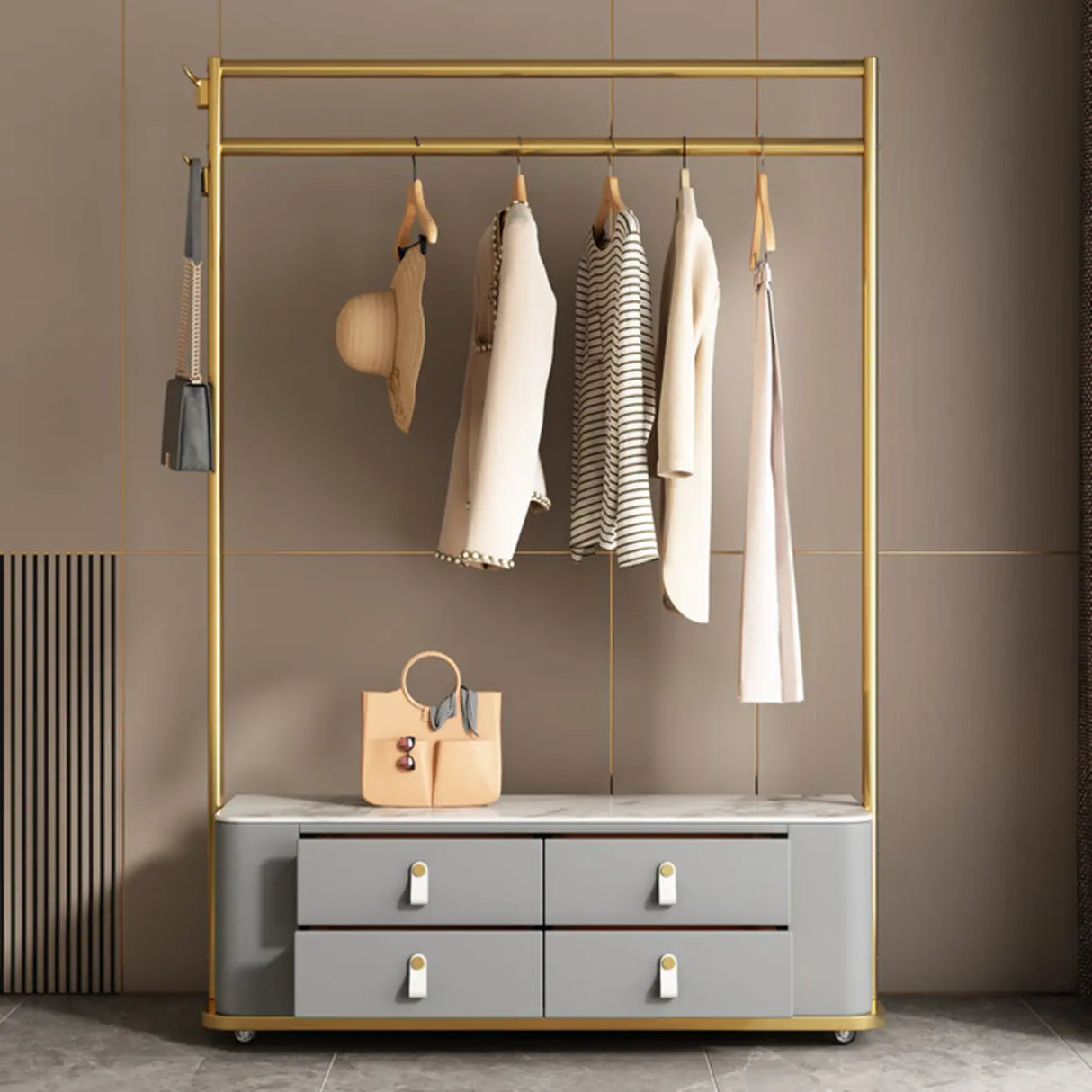 Gold Metal Frame Hooks Hall Stand with Grey Drawers Image - 1