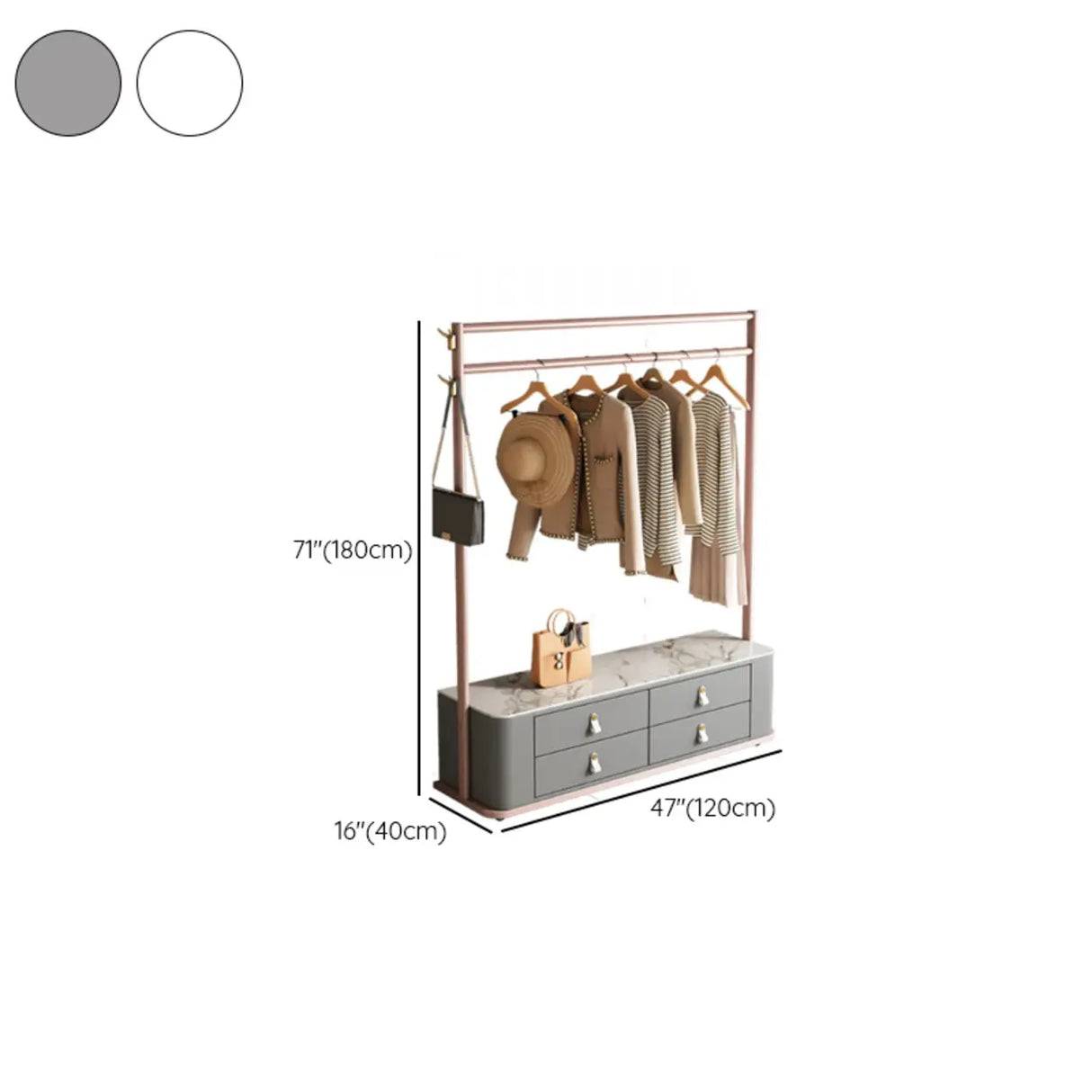 Gold Metal Frame Hooks Hall Stand with Grey Drawers Image - 21