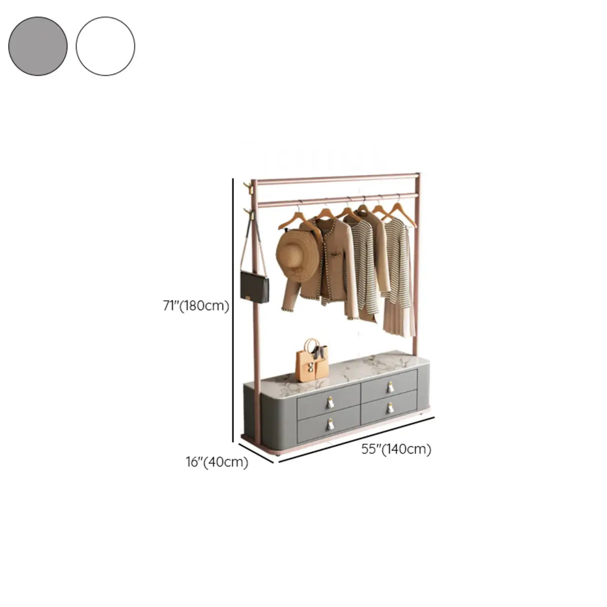 Gold Metal Frame Hooks Hall Stand with Grey Drawers Image - 22