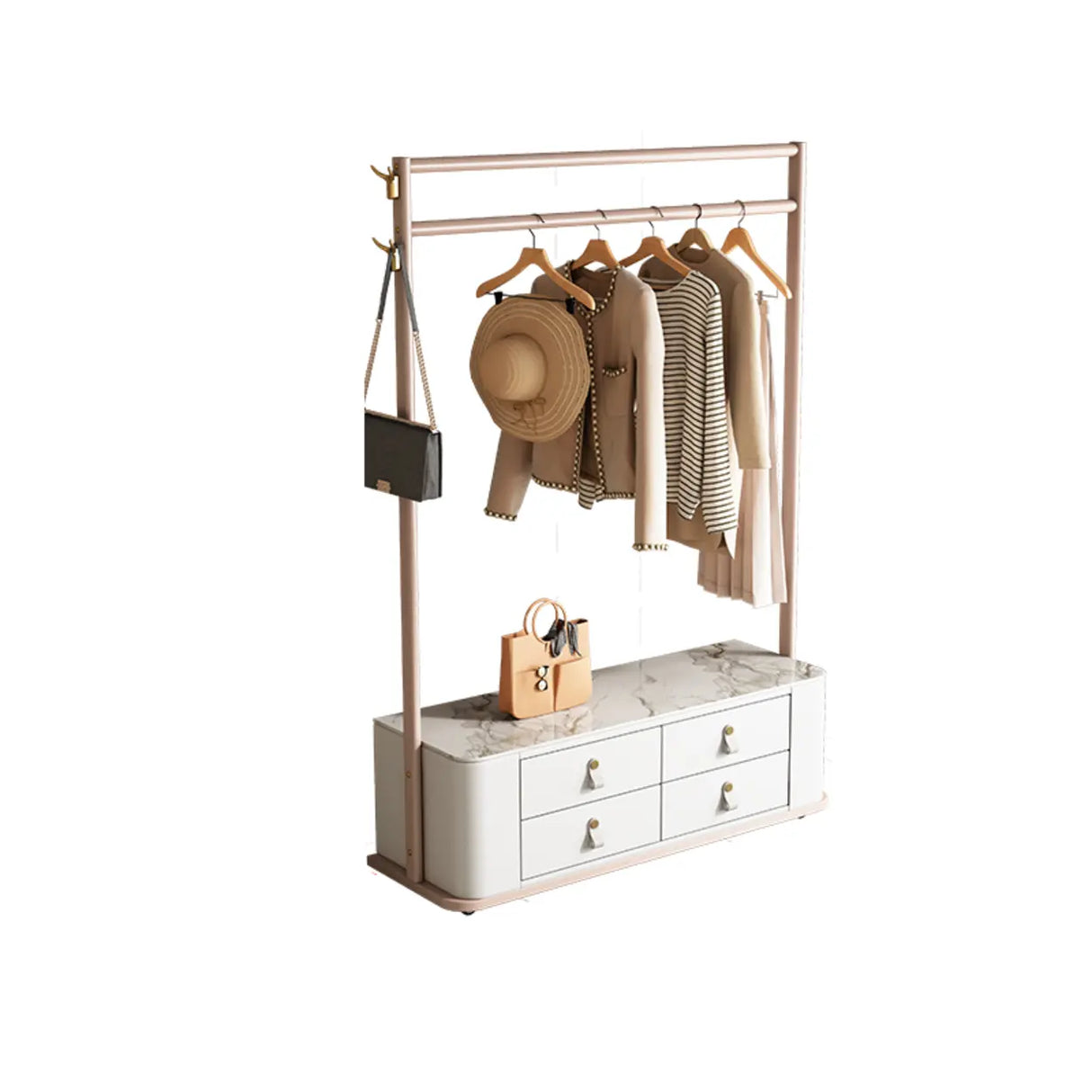 Gold Metal Frame Hooks Hall Stand with Grey Drawers Image - 2