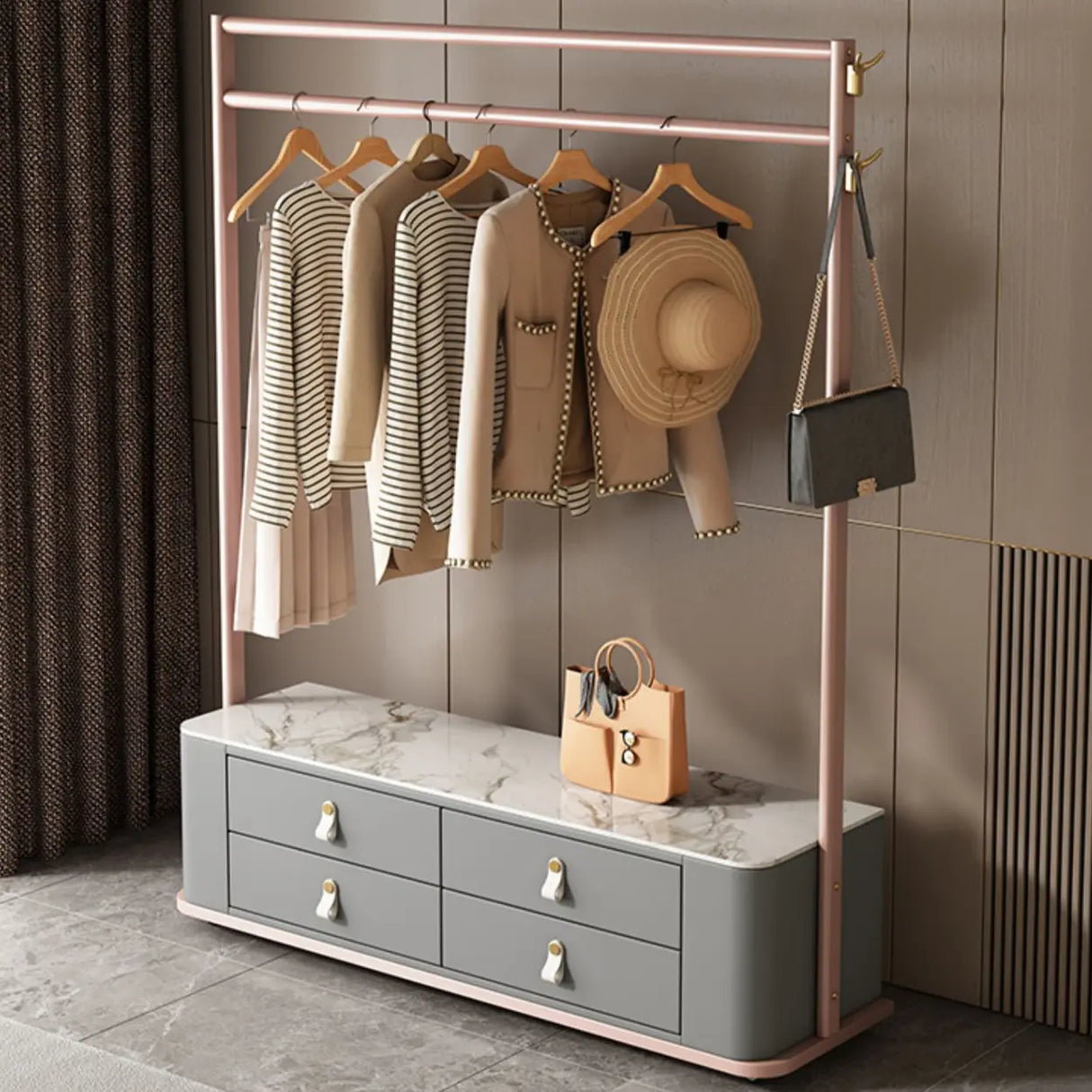 Gold Metal Frame Hooks Hall Stand with Grey Drawers Image - 3