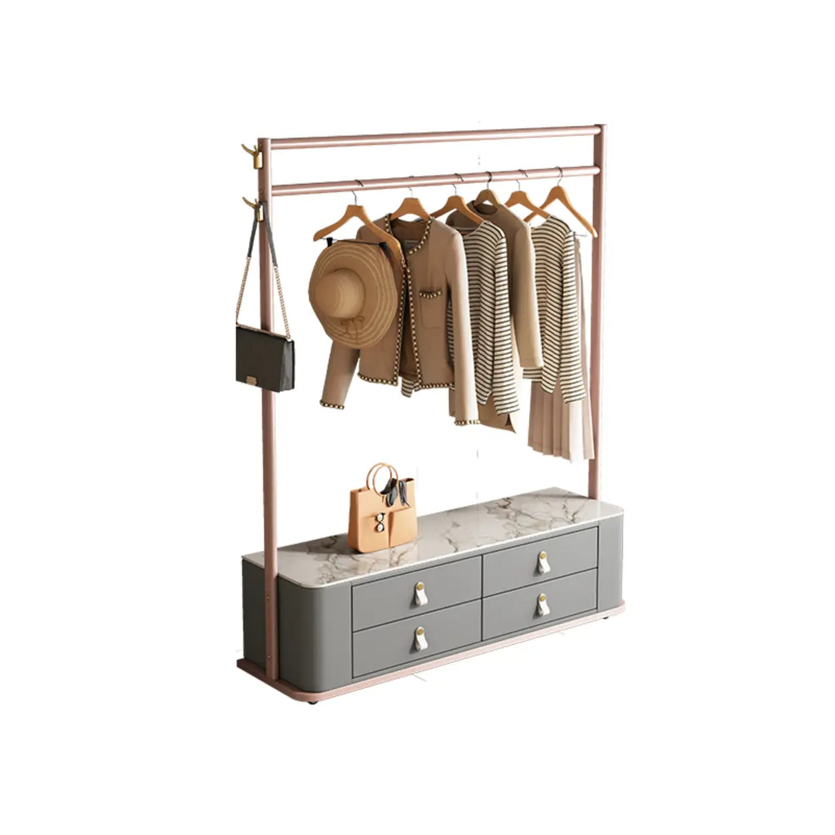 Gold Metal Frame Hooks Hall Stand with Grey Drawers Image - 4