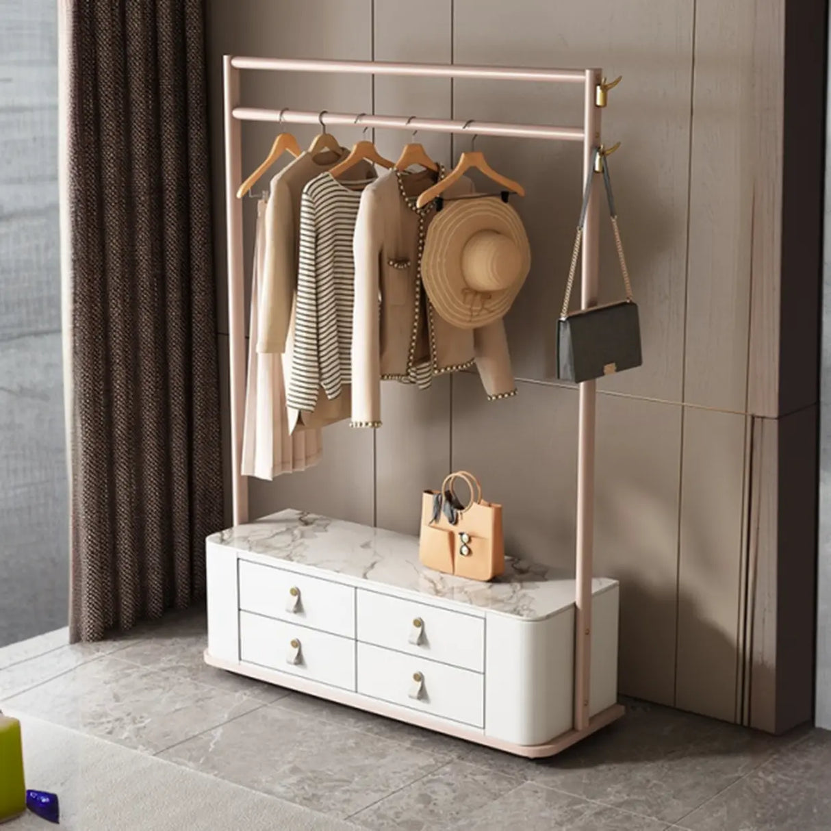 Gold Metal Frame Hooks Hall Stand with Grey Drawers Image - 5