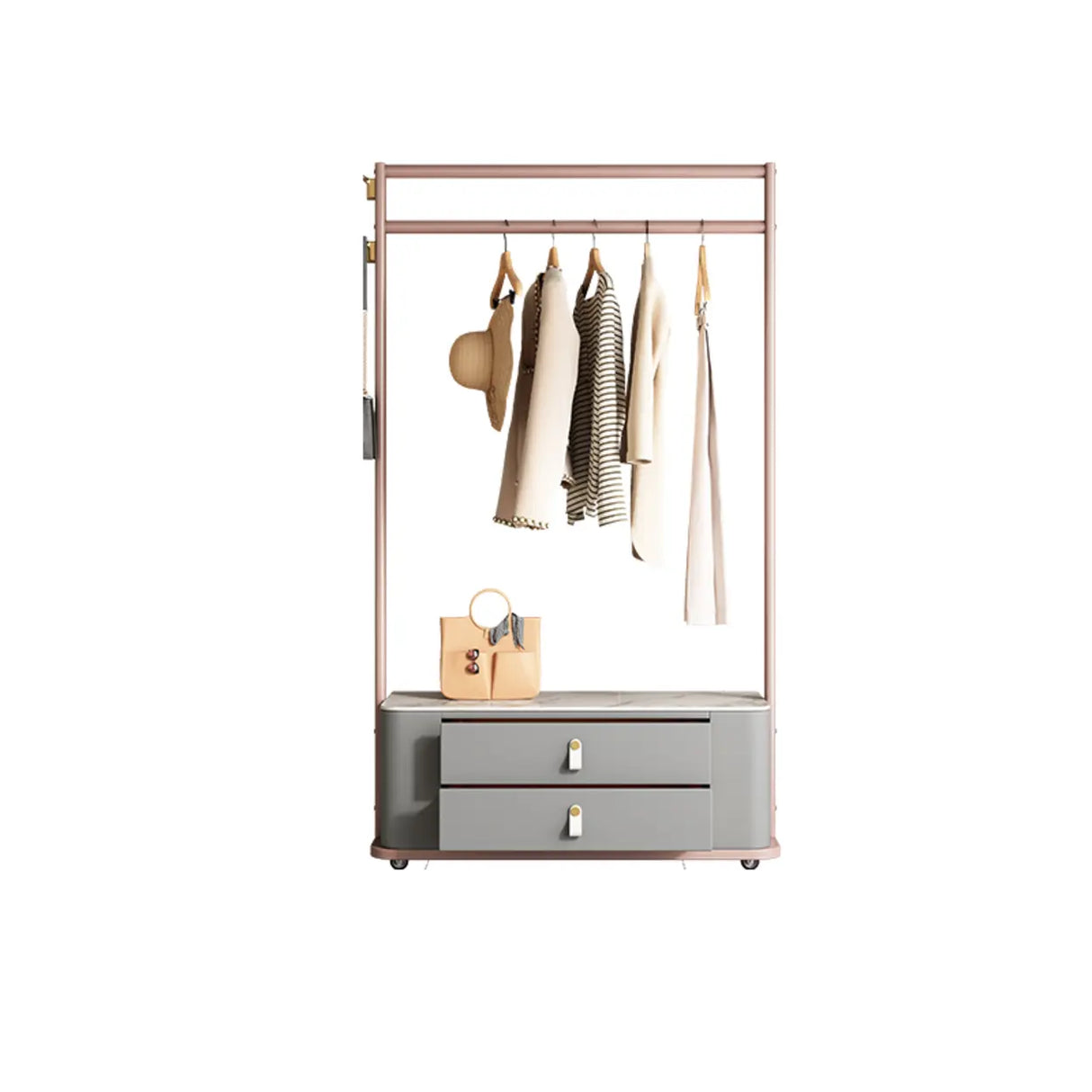 Gold Metal Frame Hooks Hall Stand with Grey Drawers Image - 6