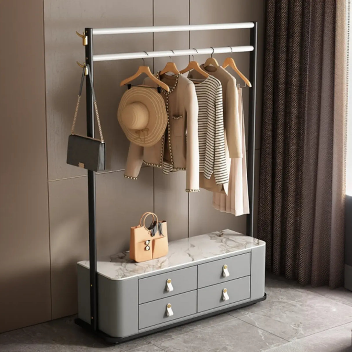 Gold Metal Frame Hooks Hall Stand with Grey Drawers Image - 8