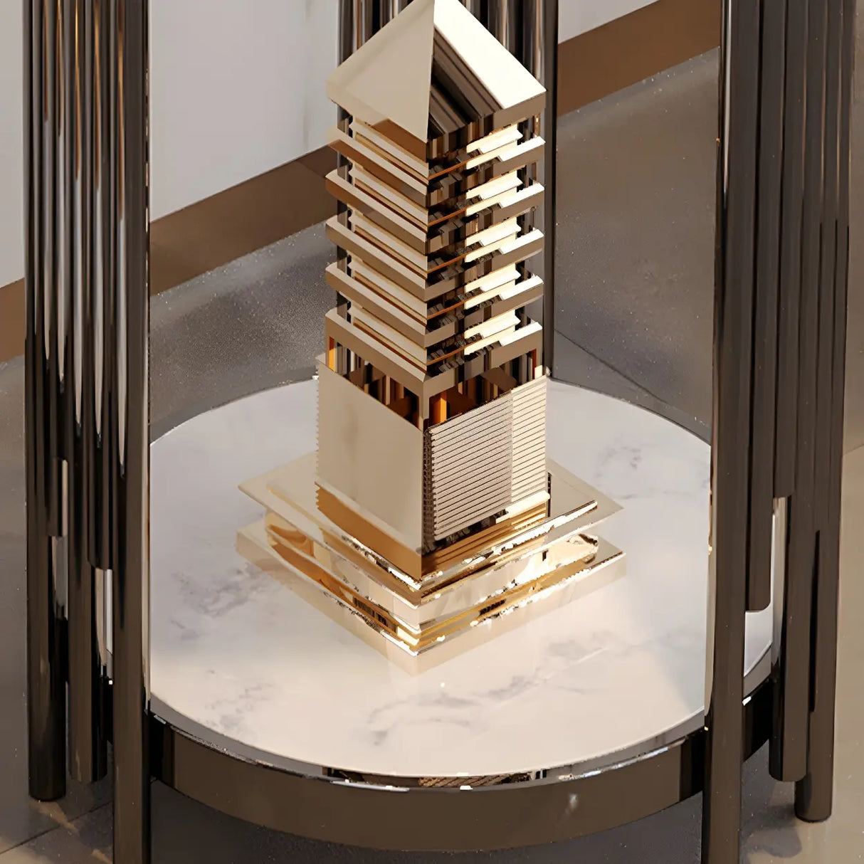 Gold Metal Legs Round Marble Top Shelves Plant Stand Image - 12