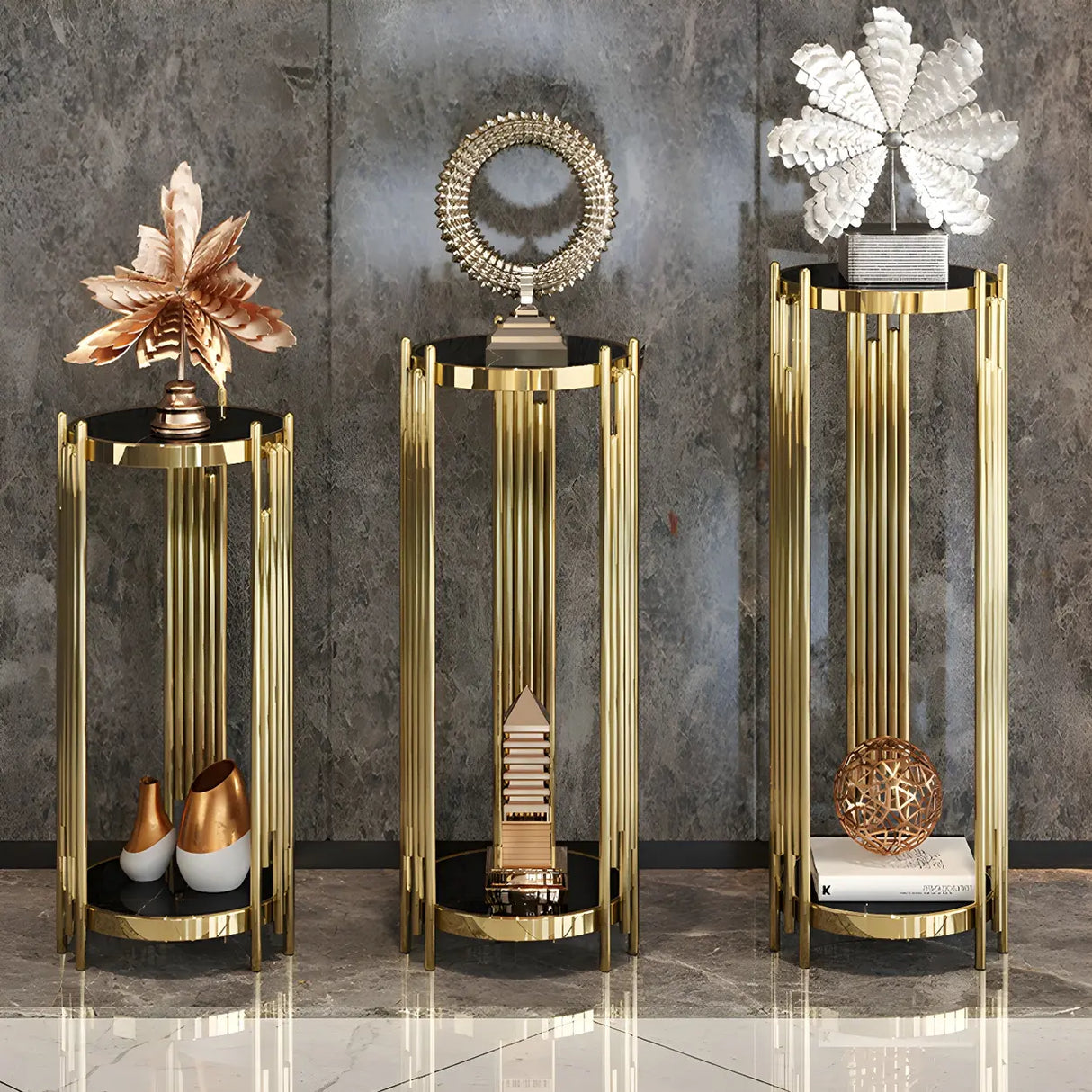 Gold Metal Legs Round Marble Top Shelves Plant Stand Image - 16