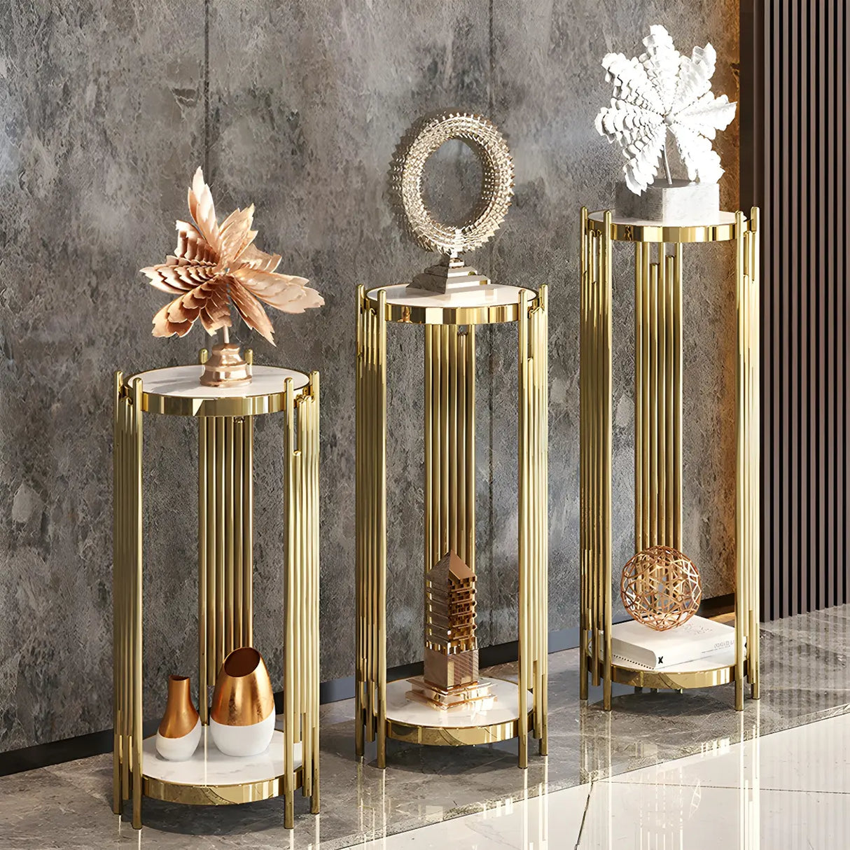 Gold Metal Legs Round Marble Top Shelves Plant Stand Image - 1