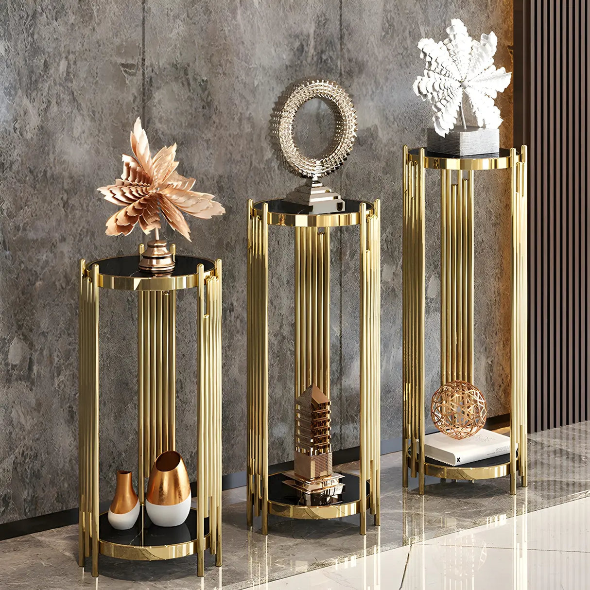 Gold Metal Legs Round Marble Top Shelves Plant Stand Image - 3