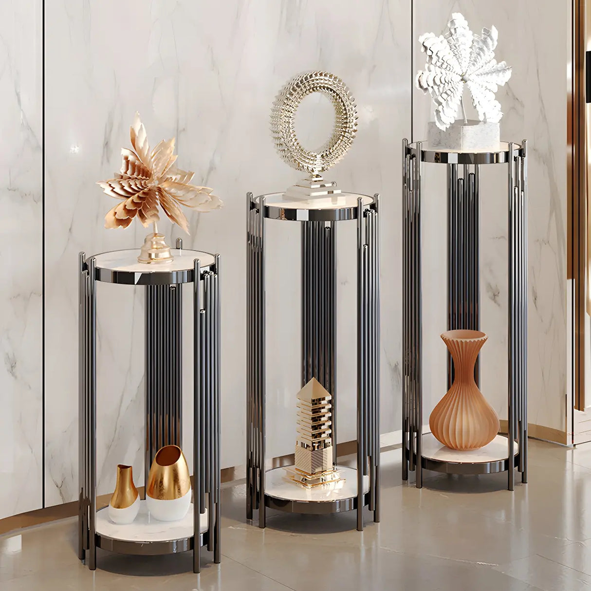 Gold Metal Legs Round Marble Top Shelves Plant Stand Image - 6