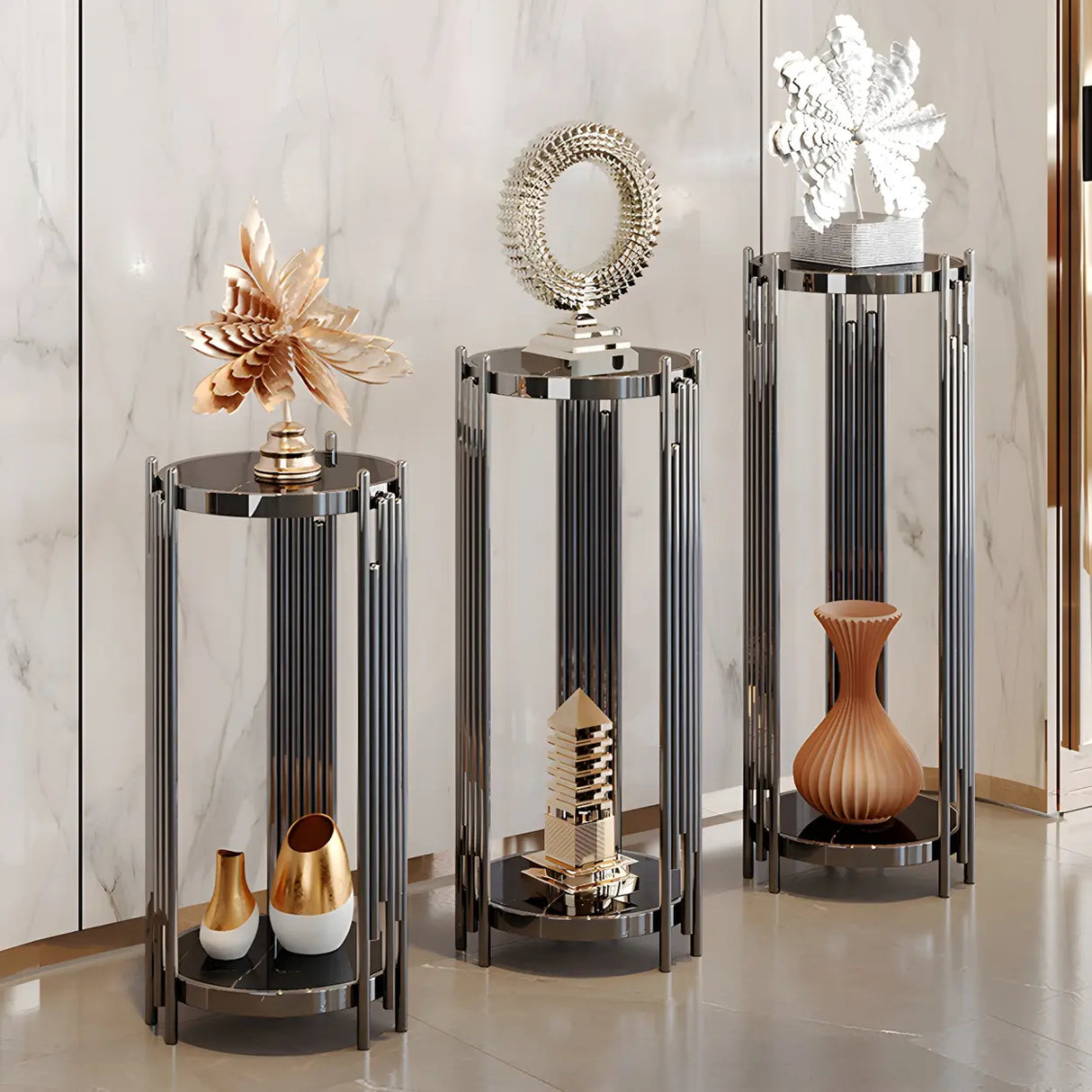 Gold Metal Legs Round Marble Top Shelves Plant Stand Image - 7