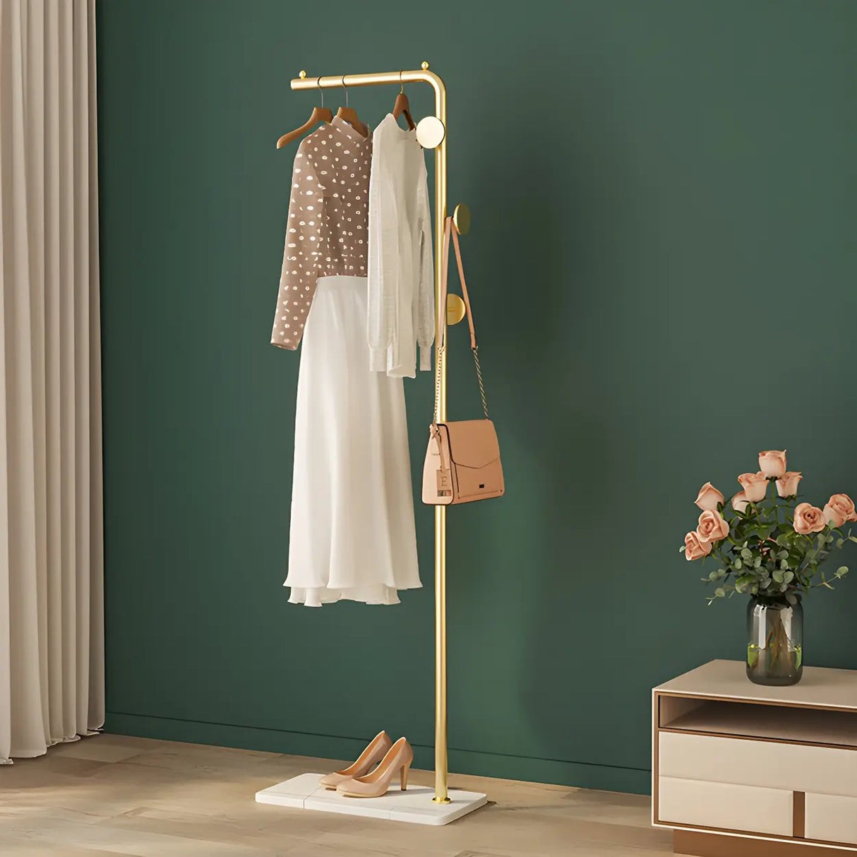 Gold Metal Marble Base Freestanding Coat Rack with Hooks Image - 1