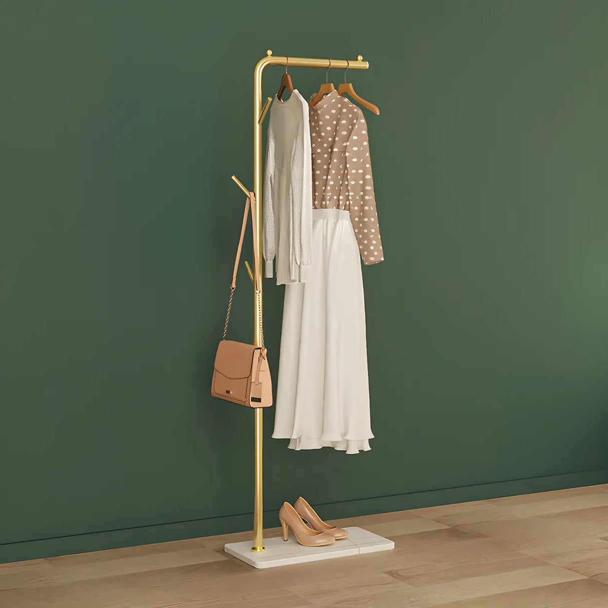 Gold Metal Marble Base Freestanding Coat Rack with Hooks Image - 23