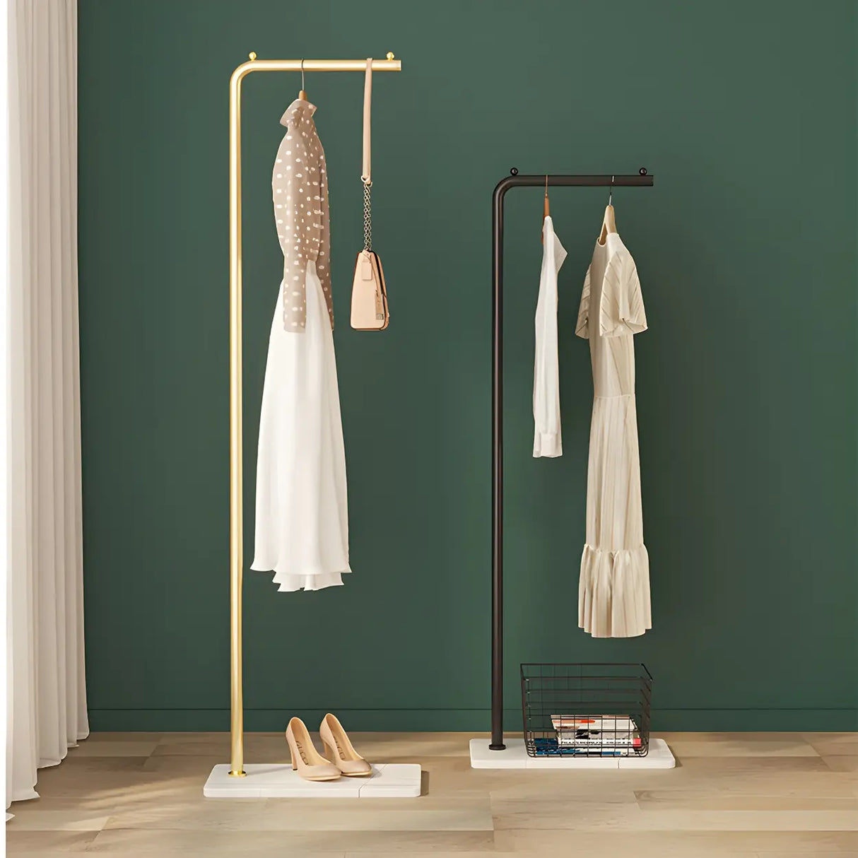 Gold Metal Marble Base Freestanding Coat Rack with Hooks Image - 24