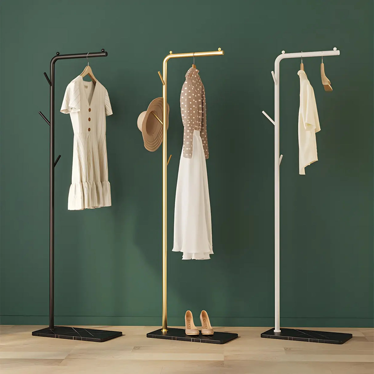 Gold Metal Marble Base Freestanding Coat Rack with Hooks Image - 25