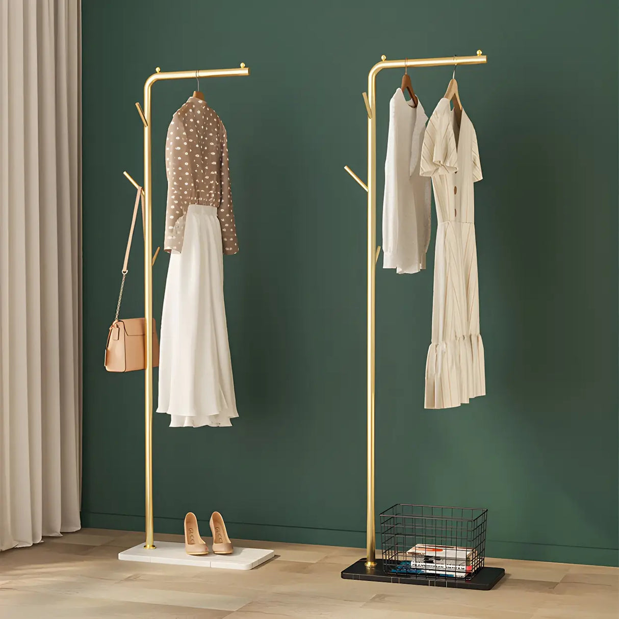 Gold Metal Marble Base Freestanding Coat Rack with Hooks Image - 27