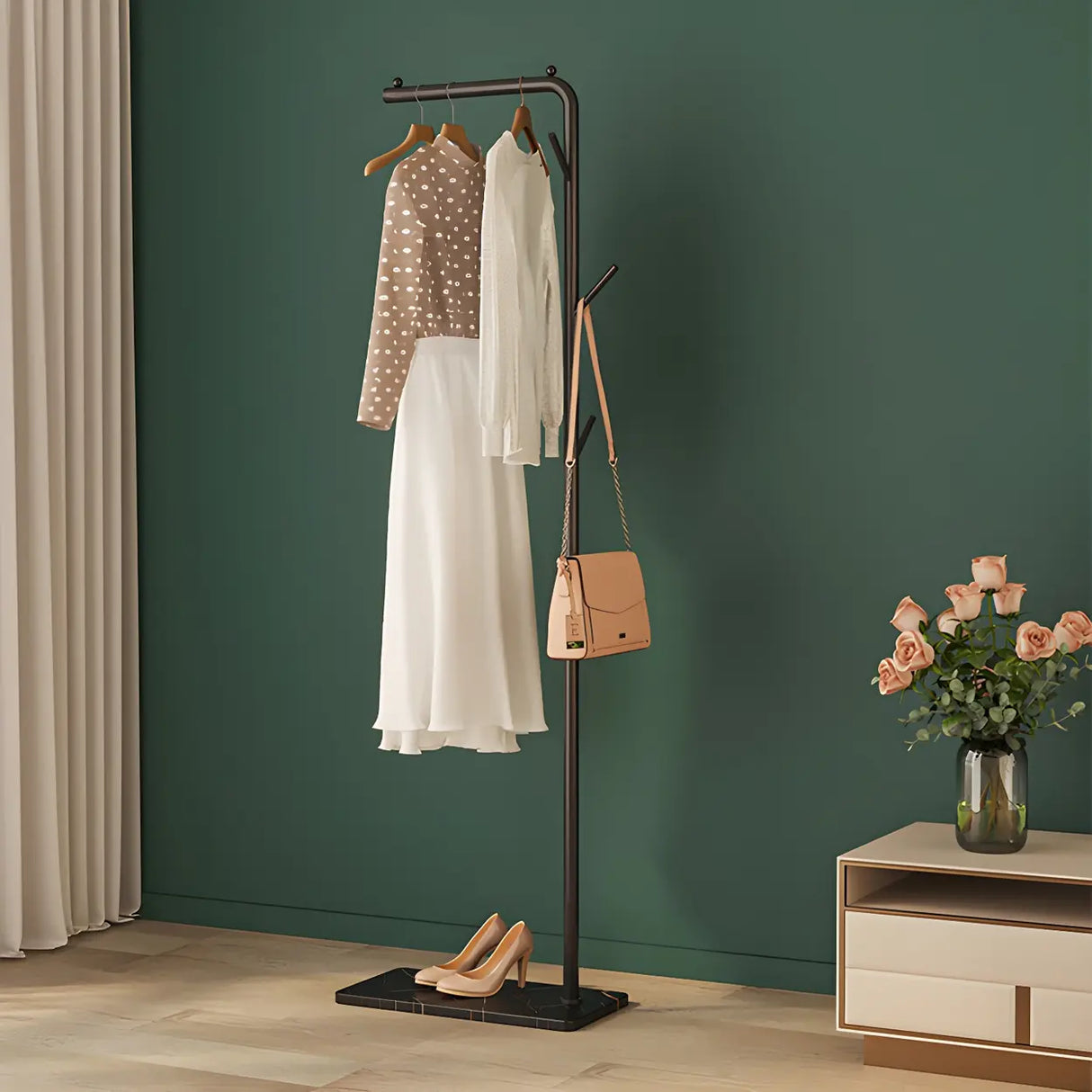 Gold Metal Marble Base Freestanding Coat Rack with Hooks Image - 4