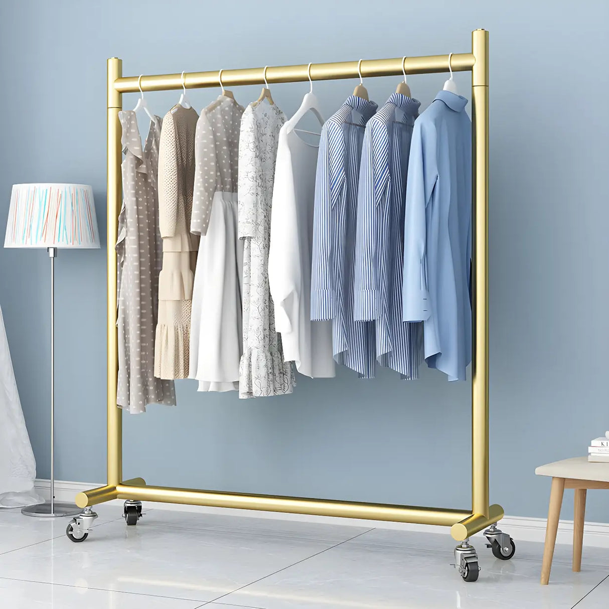 Gold Metal Rolling Coat Rack with Hangers and Casters Image - 1