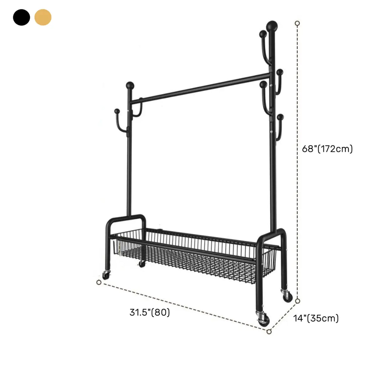 Gold Metal Rolling Freestanding Coat Rack with Shelves Image - 12