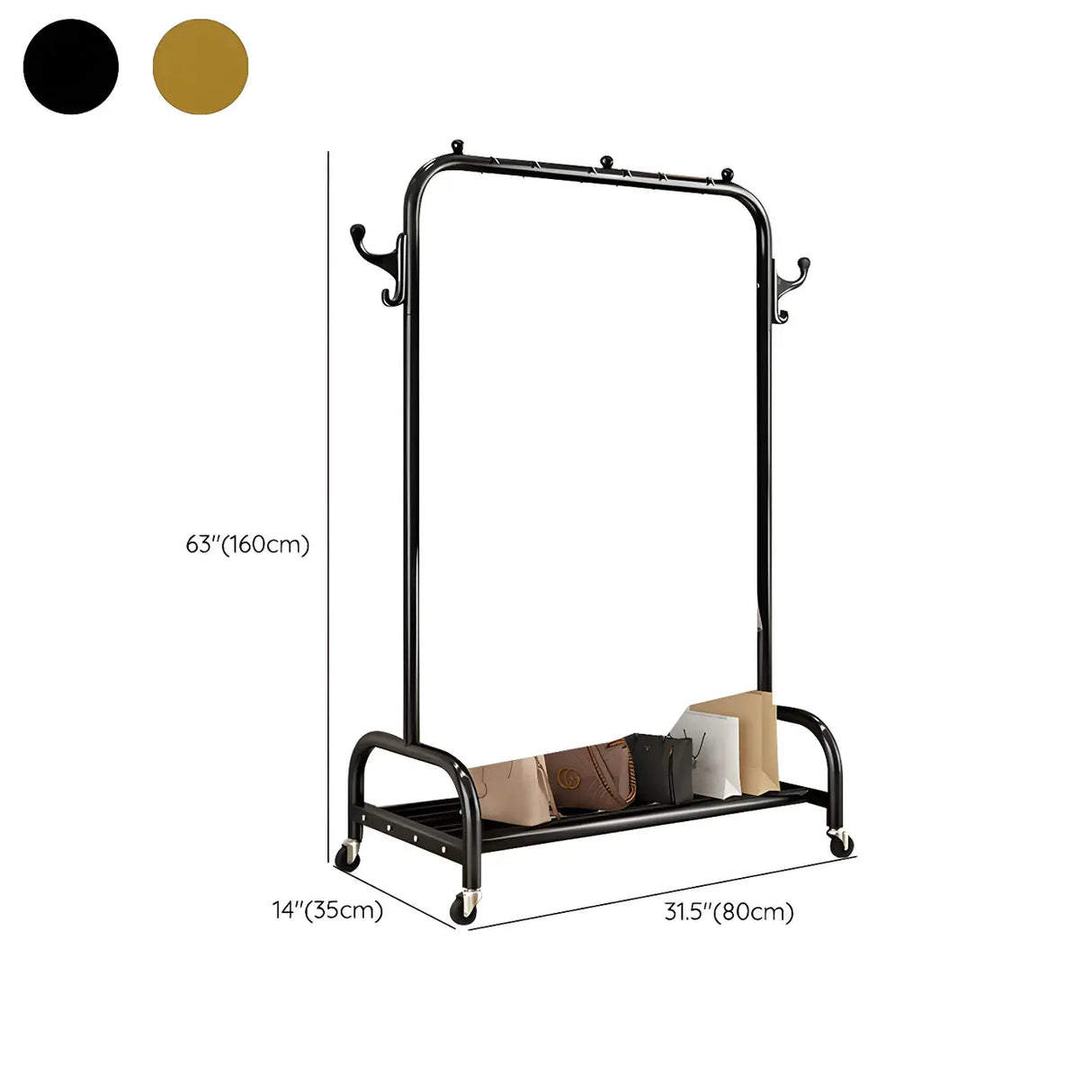 Gold Metal Rolling Freestanding Coat Rack with Shelves Image - 14