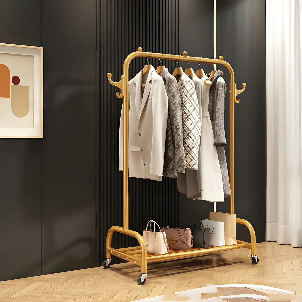 Gold Metal Rolling Freestanding Coat Rack with Shelves Image - 1