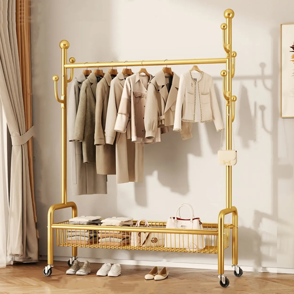 Gold Metal Rolling Freestanding Coat Rack with Shelves Image - 3