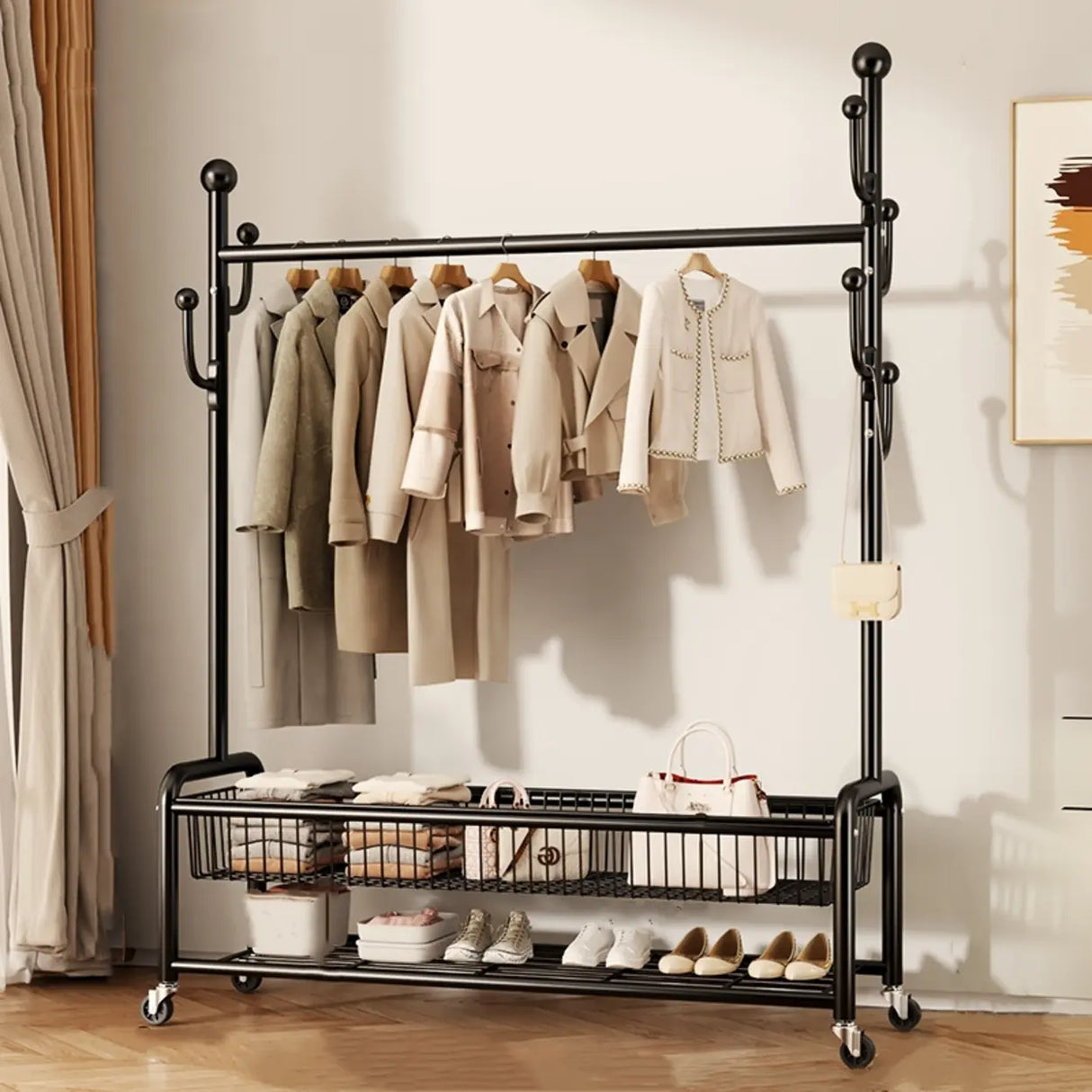 Gold Metal Rolling Freestanding Coat Rack with Shelves Image - 4