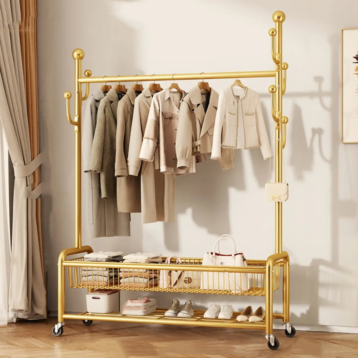Gold Metal Rolling Freestanding Coat Rack with Shelves Image - 5