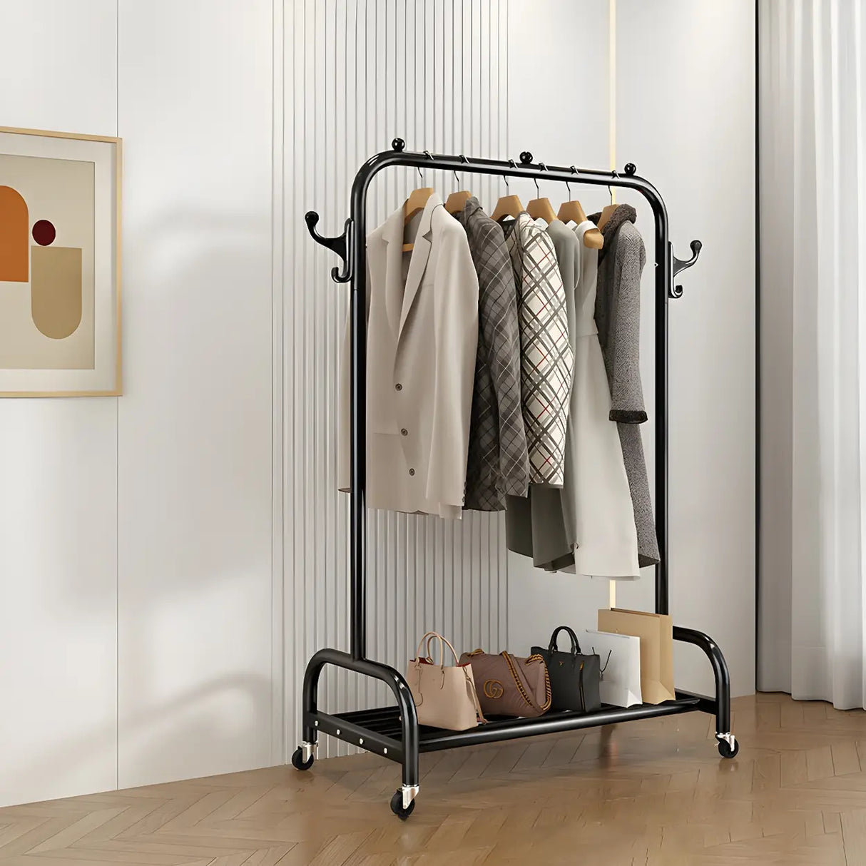 Gold Metal Rolling Freestanding Coat Rack with Shelves Image - 8