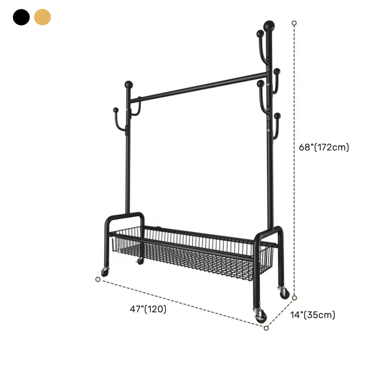 Gold Metal Rolling Freestanding Coat Rack with Shelves