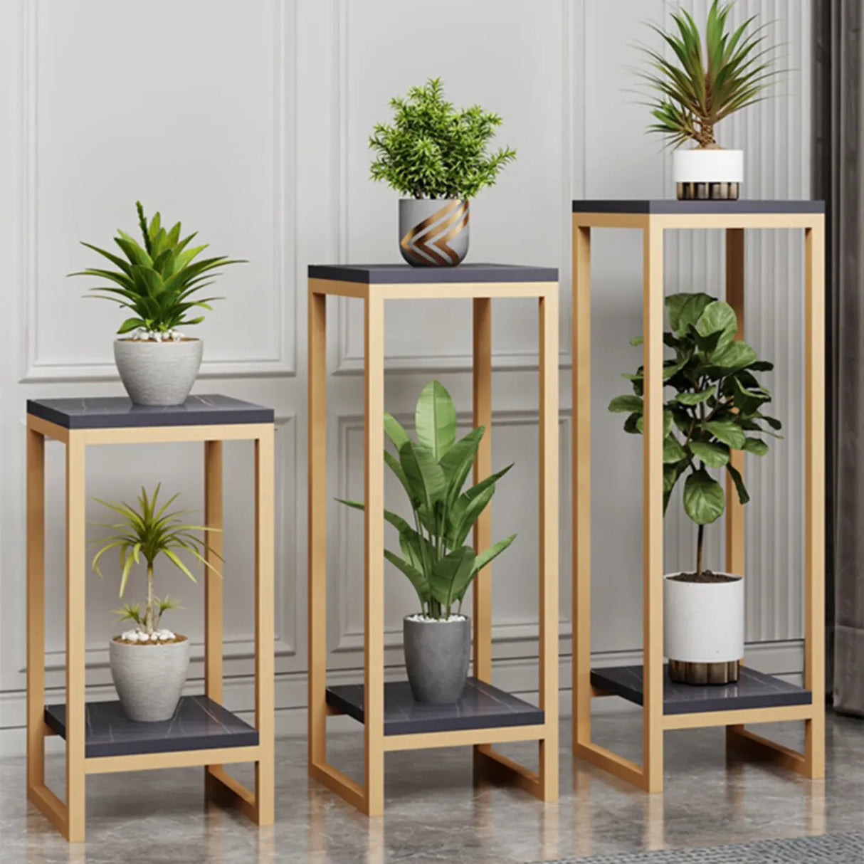 Gold Modern Square Wood 2 Tiers Display Plant Table Image - 12