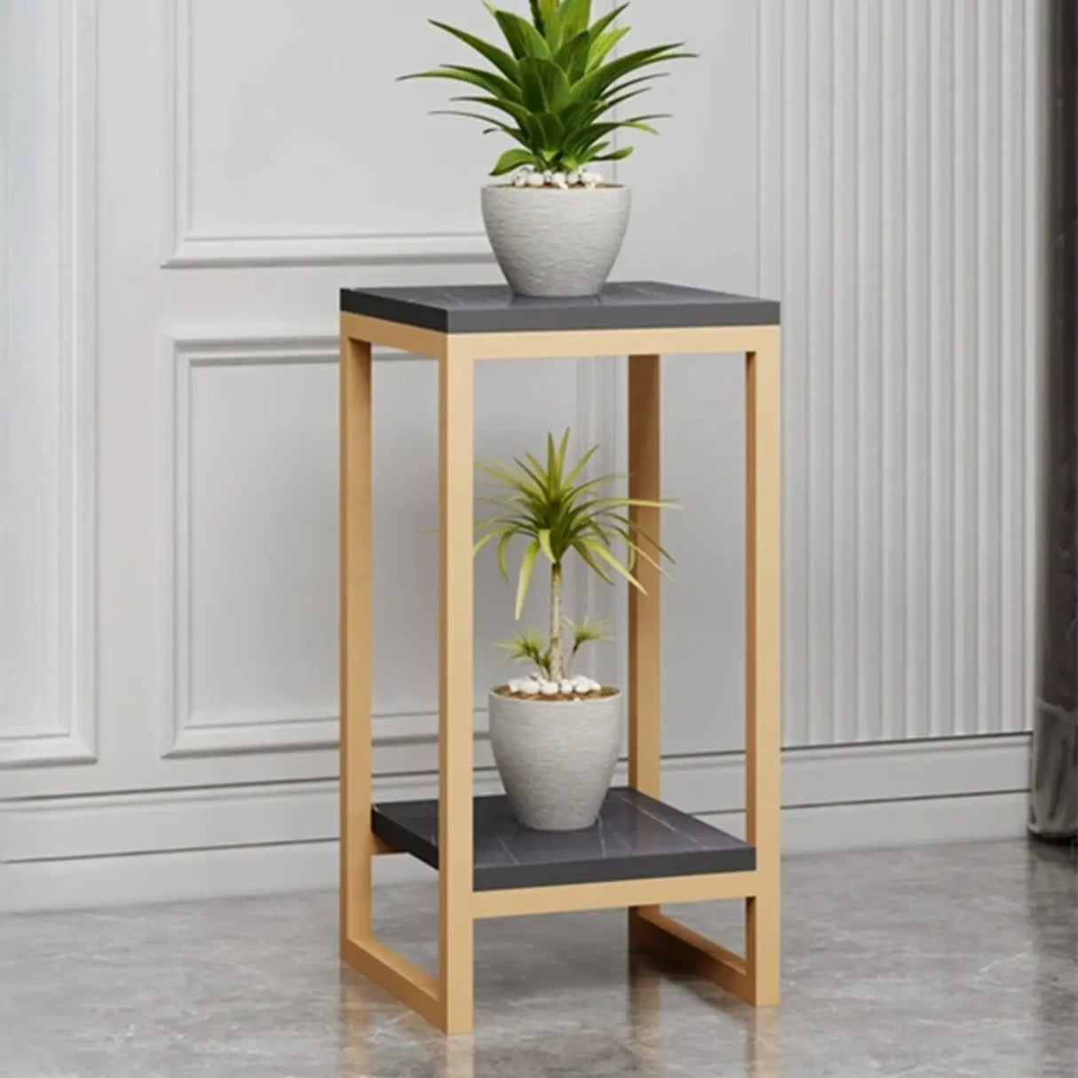 Gold Modern Square Wood 2 Tiers Display Plant Table Image - 14