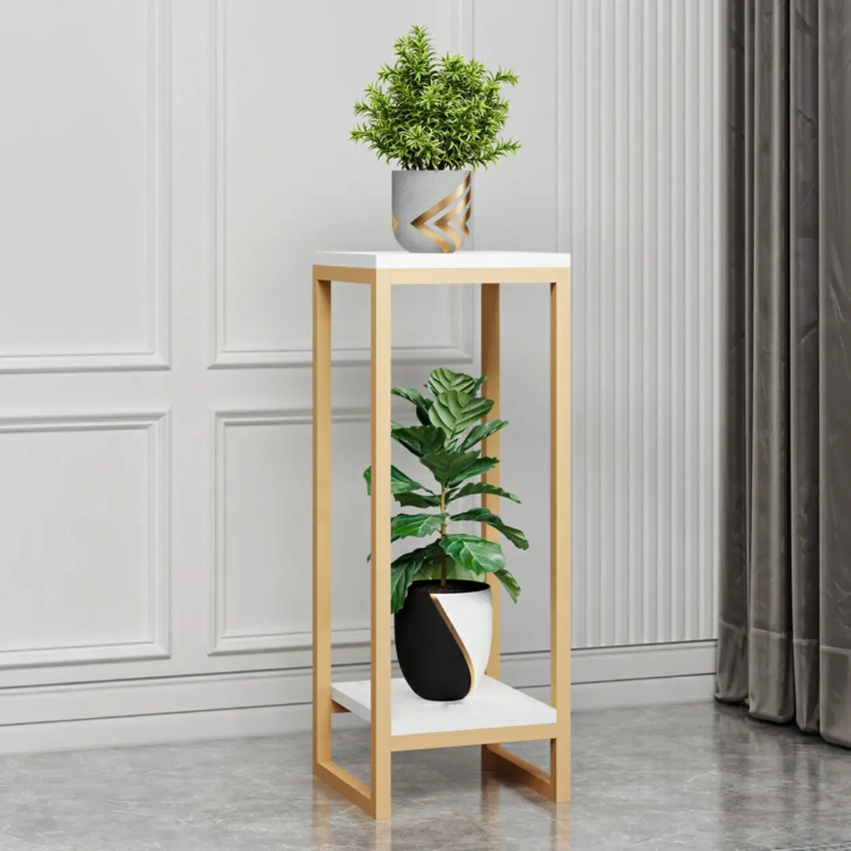 Gold Modern Square Wood 2 Tiers Display Plant Table Image - 15