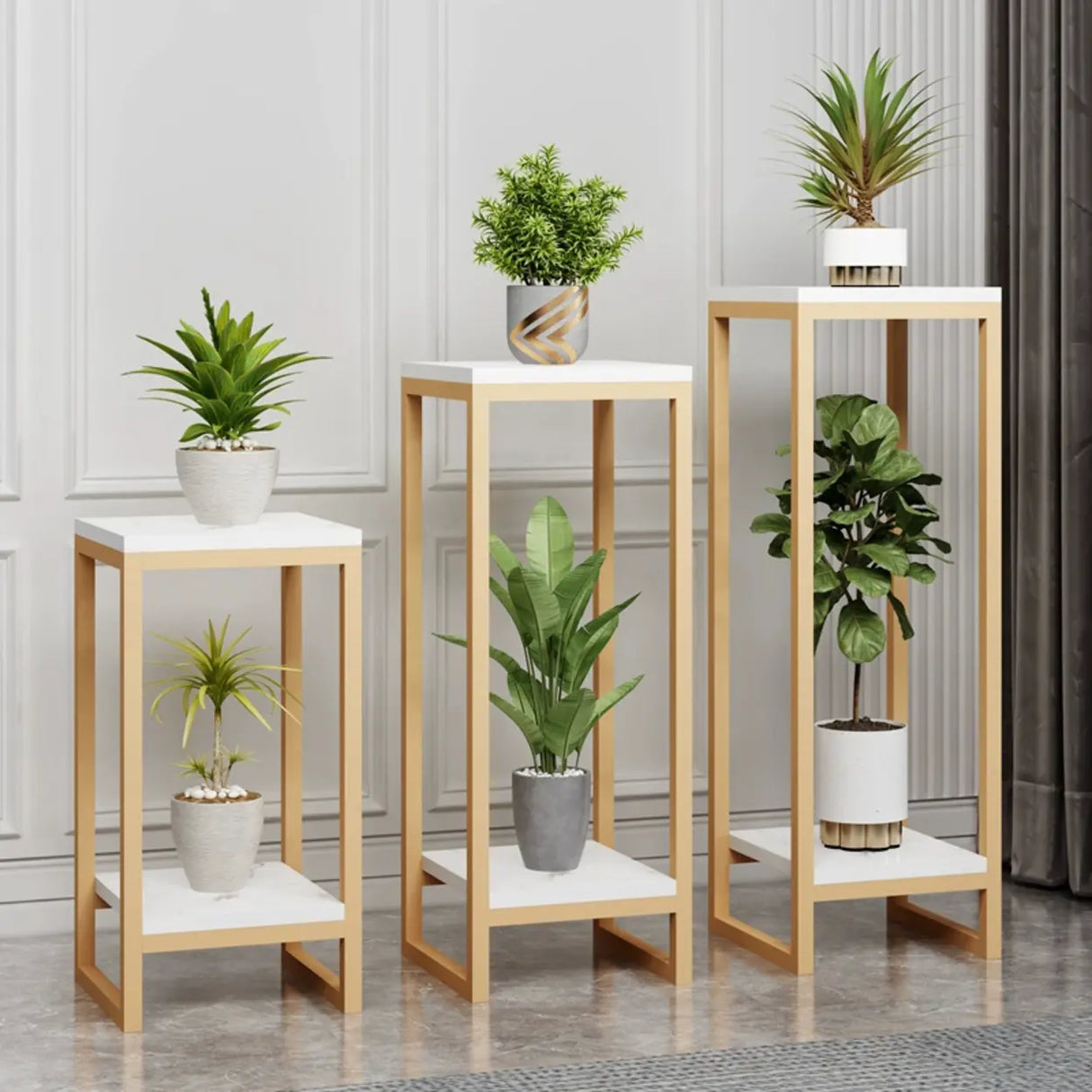 Gold Modern Square Wood 2 Tiers Display Plant Table Image - 1