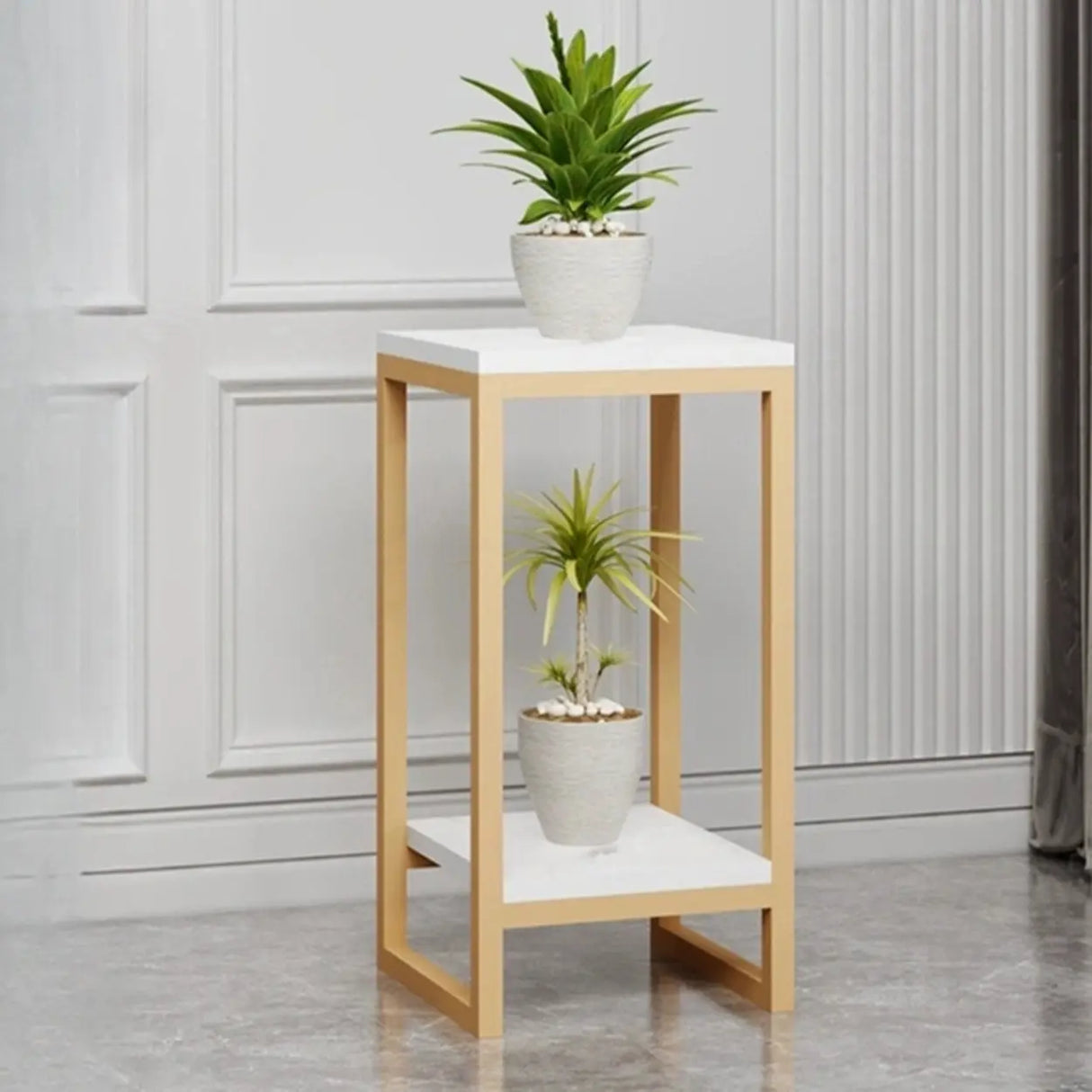 Gold Modern Square Wood 2 Tiers Display Plant Table Image - 2