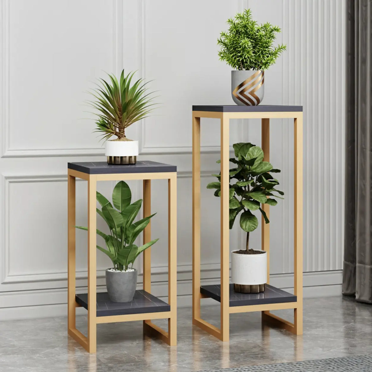 Gold Modern Square Wood 2 Tiers Display Plant Table Image - 3