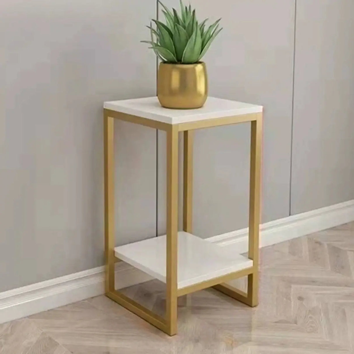 Gold Modern Square Wood 2 Tiers Display Plant Table Image - 4