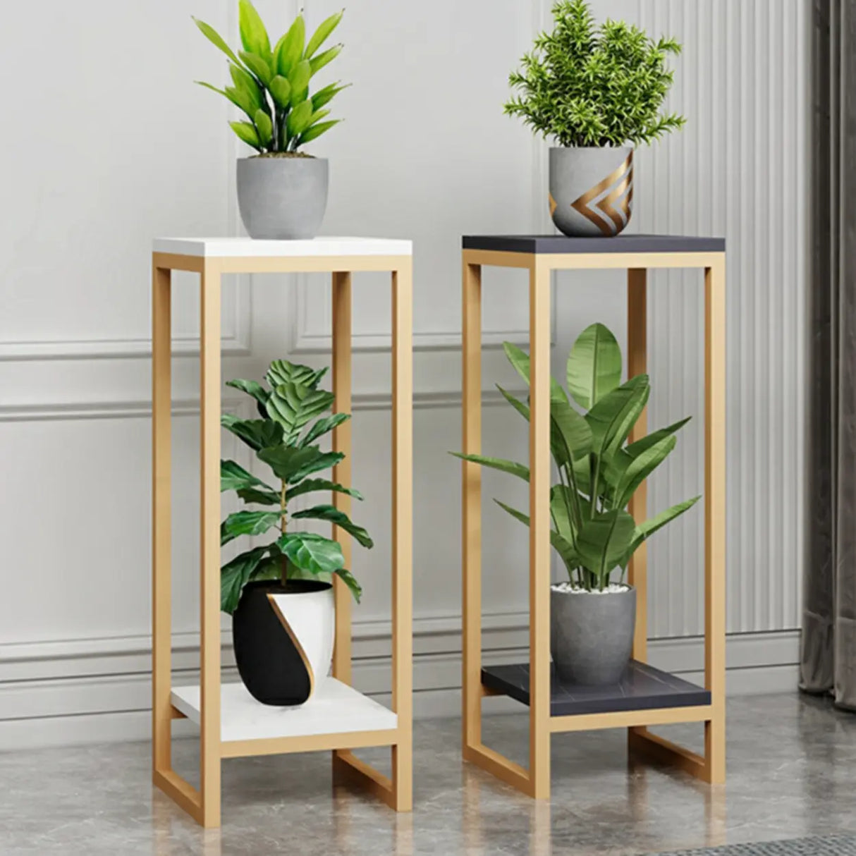Gold Modern Square Wood 2 Tiers Display Plant Table Image - 8