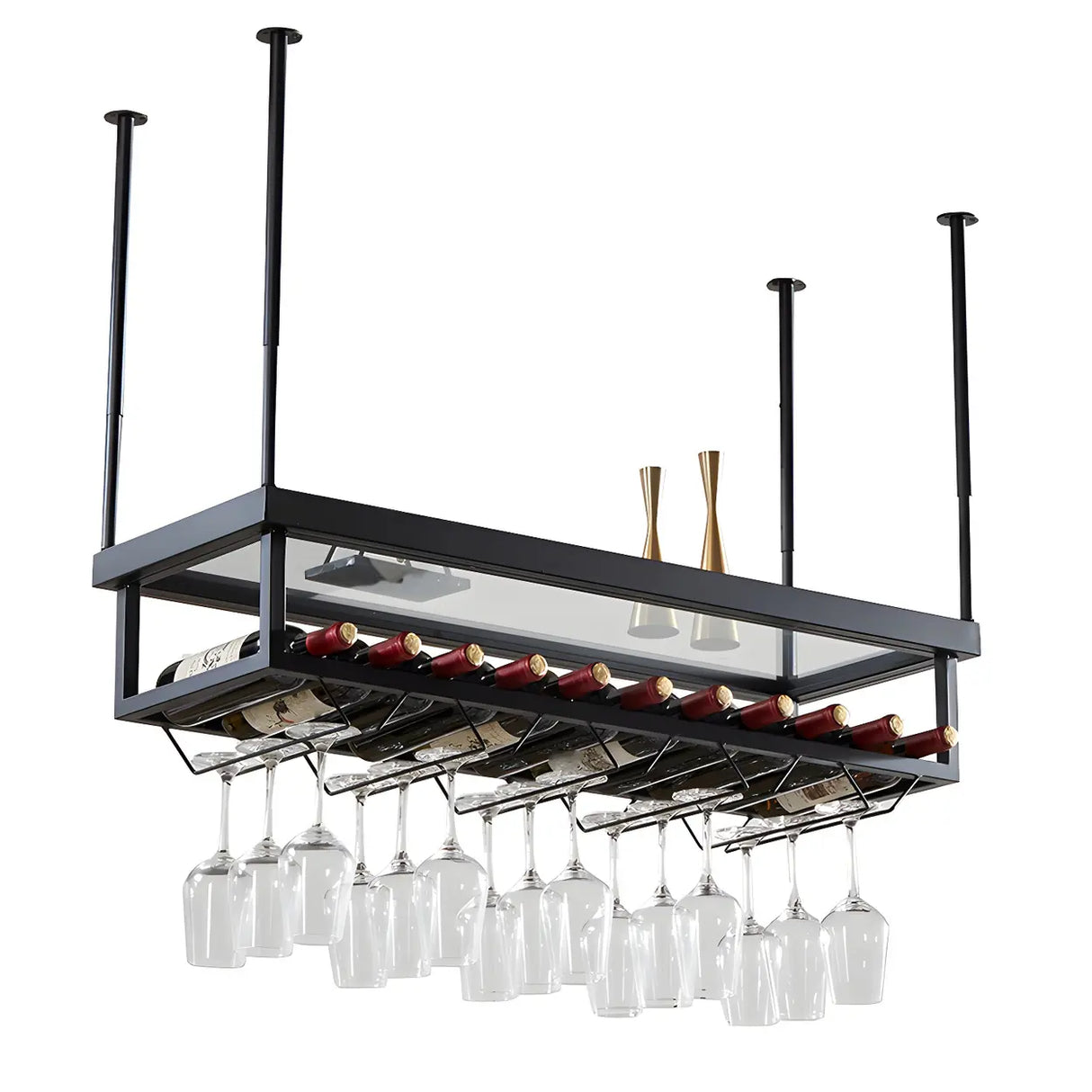 Gold Rectangle Metal Large Wine Rack with Glass Holder Image - 10