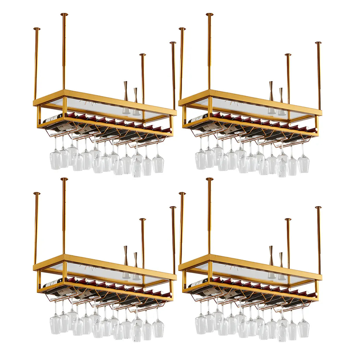 Gold Rectangle Metal Large Wine Rack with Glass Holder Image - 11