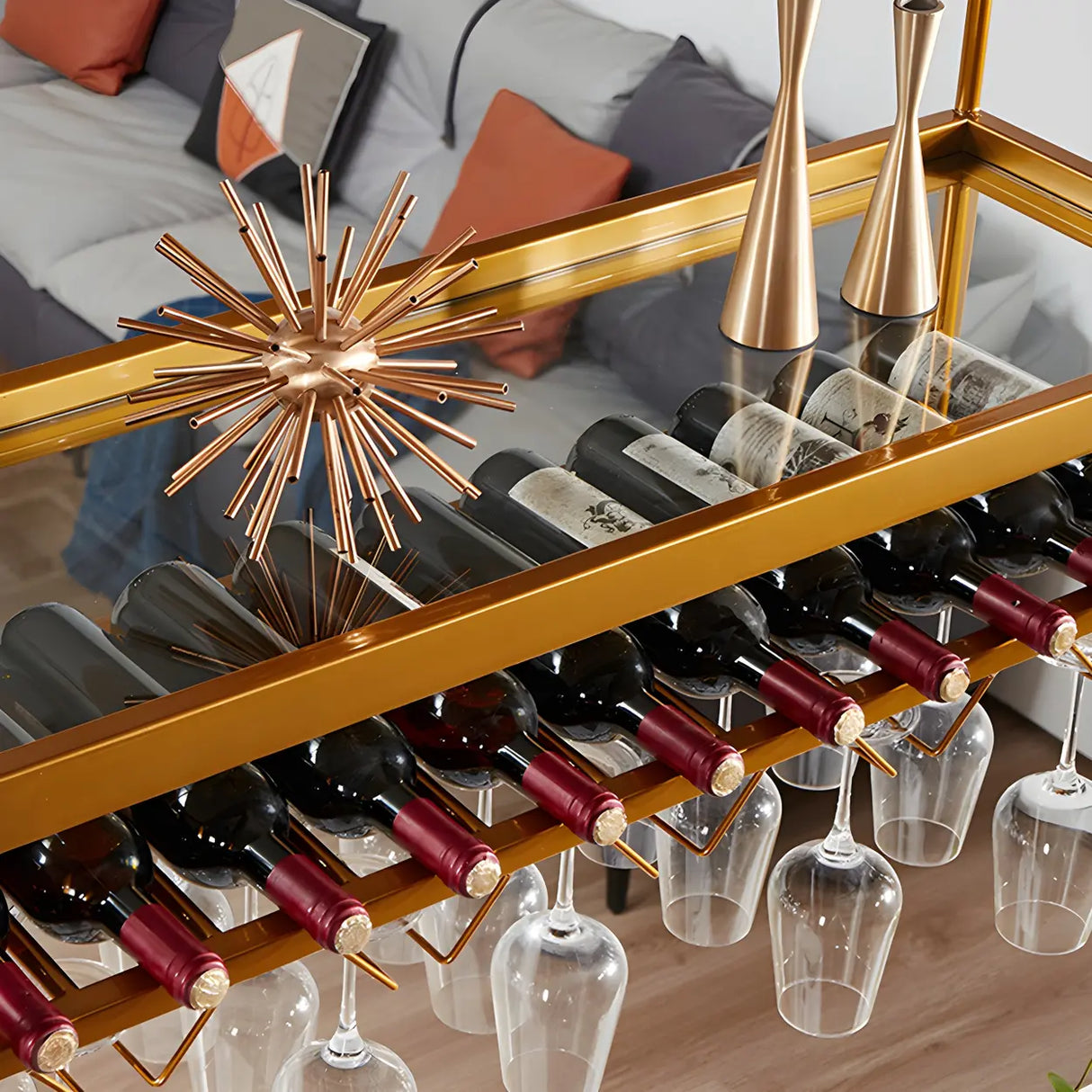 Gold Rectangle Metal Large Wine Rack with Glass Holder Image - 12