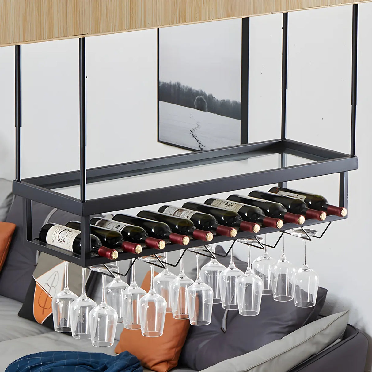 Gold Rectangle Metal Large Wine Rack with Glass Holder Image - 16