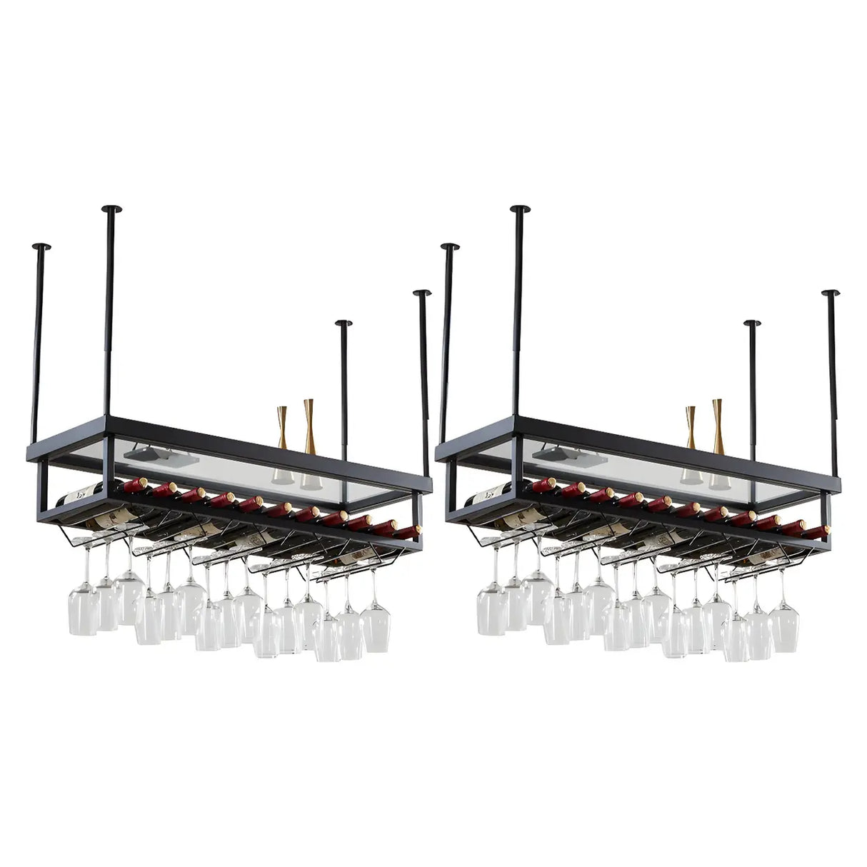 Gold Rectangle Metal Large Wine Rack with Glass Holder Image - 3