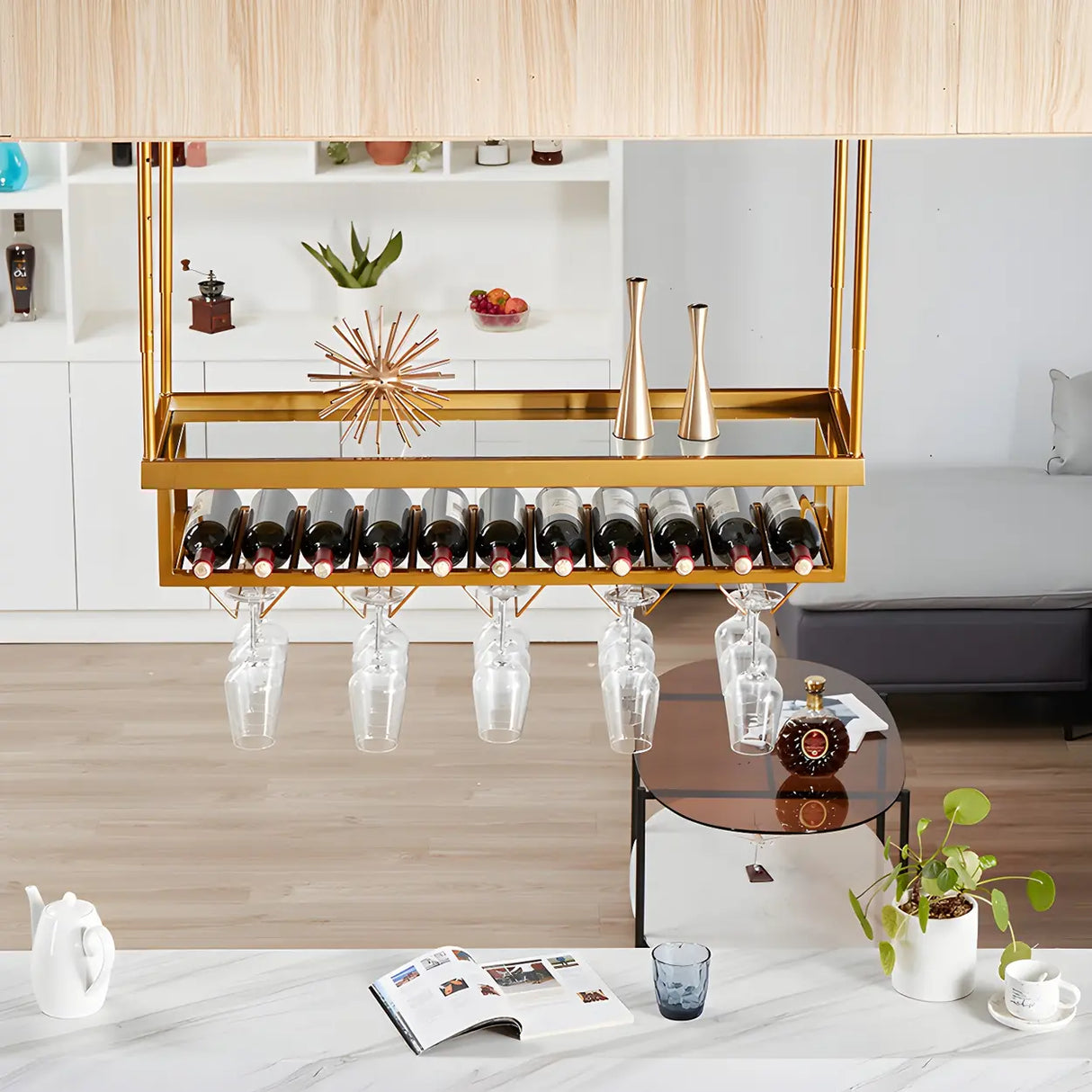 Gold Rectangle Metal Large Wine Rack with Glass Holder Image - 4