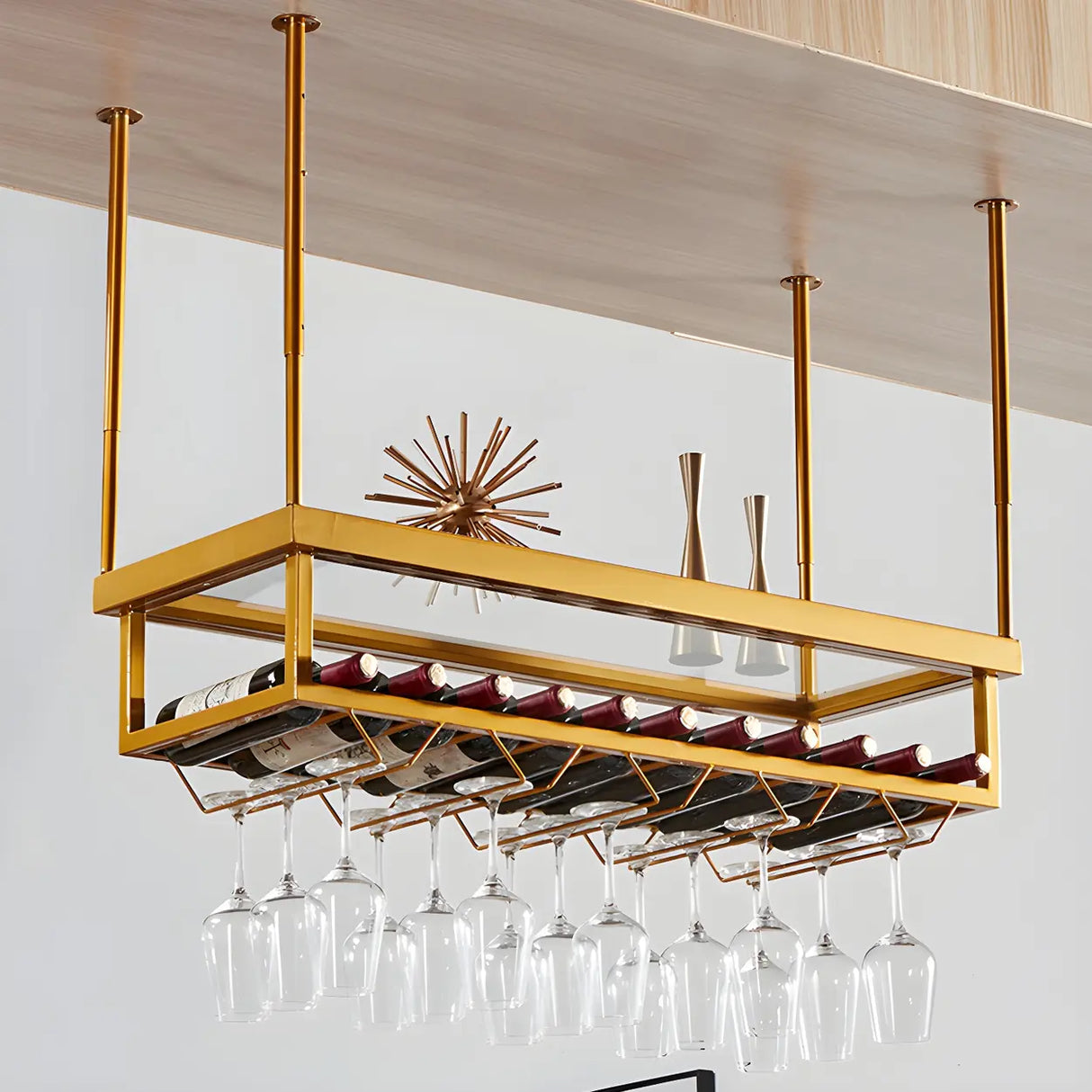 Gold Rectangle Metal Large Wine Rack with Glass Holder Image - 7