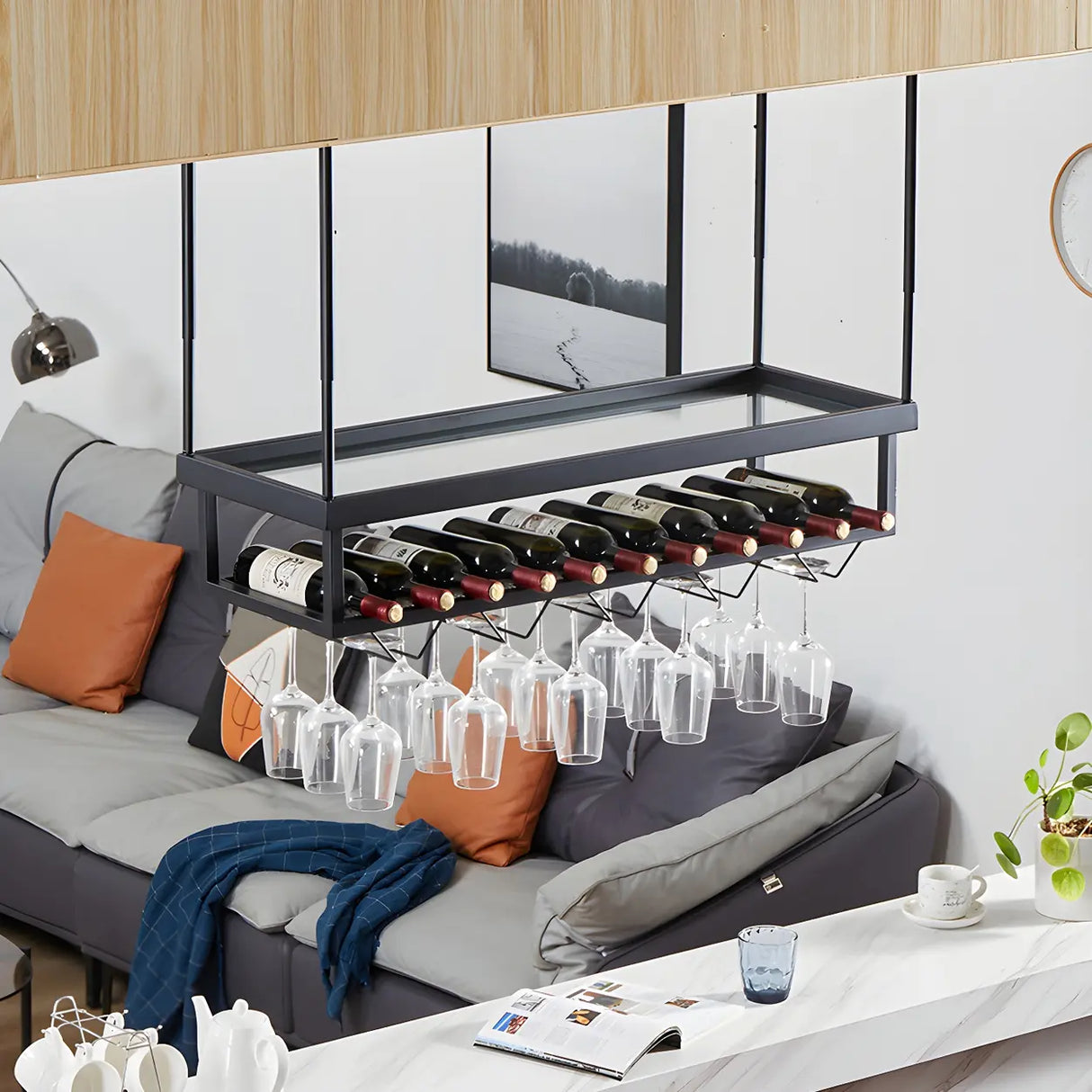 Gold Rectangle Metal Large Wine Rack with Glass Holder Image - 8